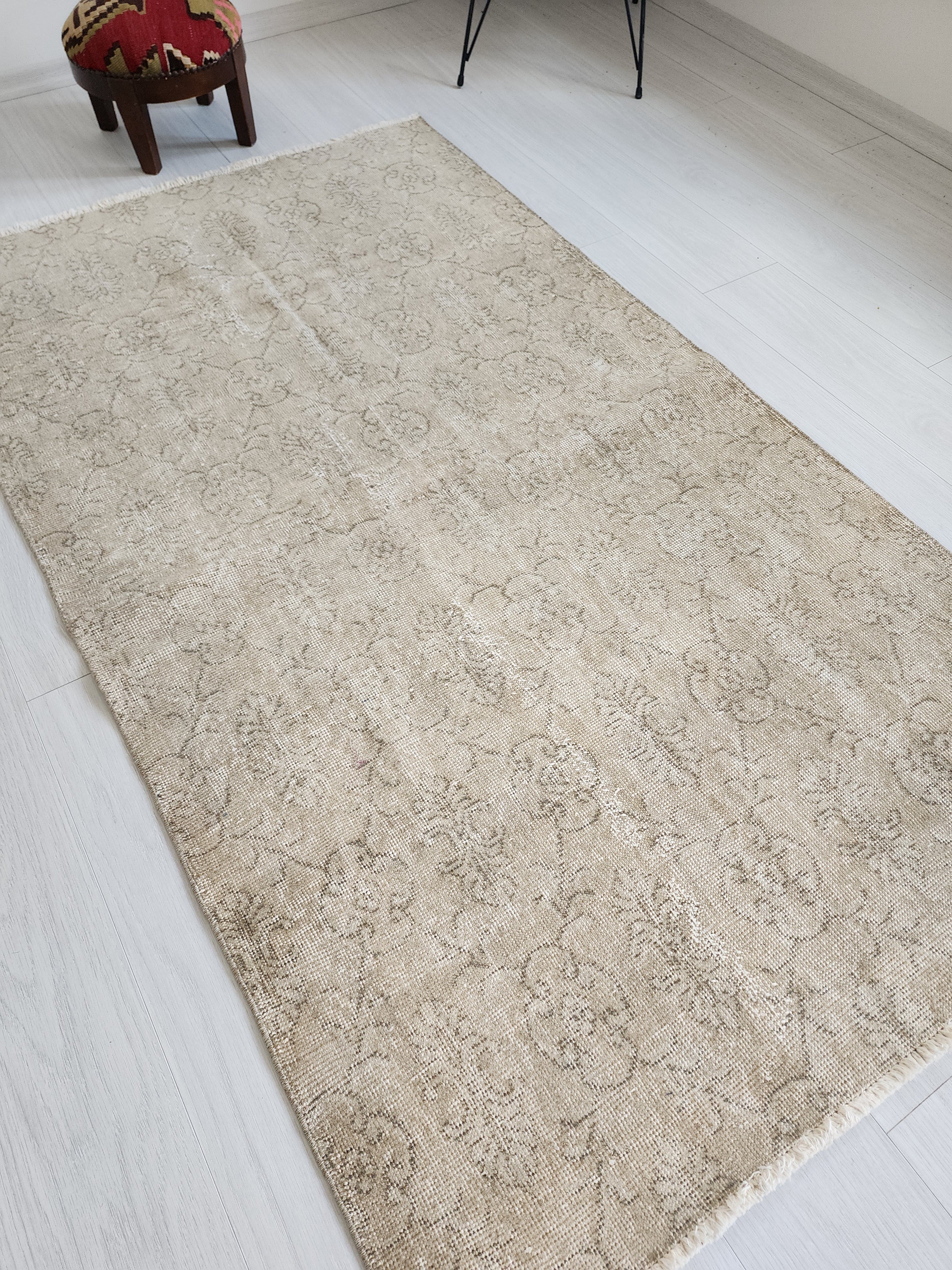 Brown and Cream Vintage Turkish Rug 7 x 4 ft
