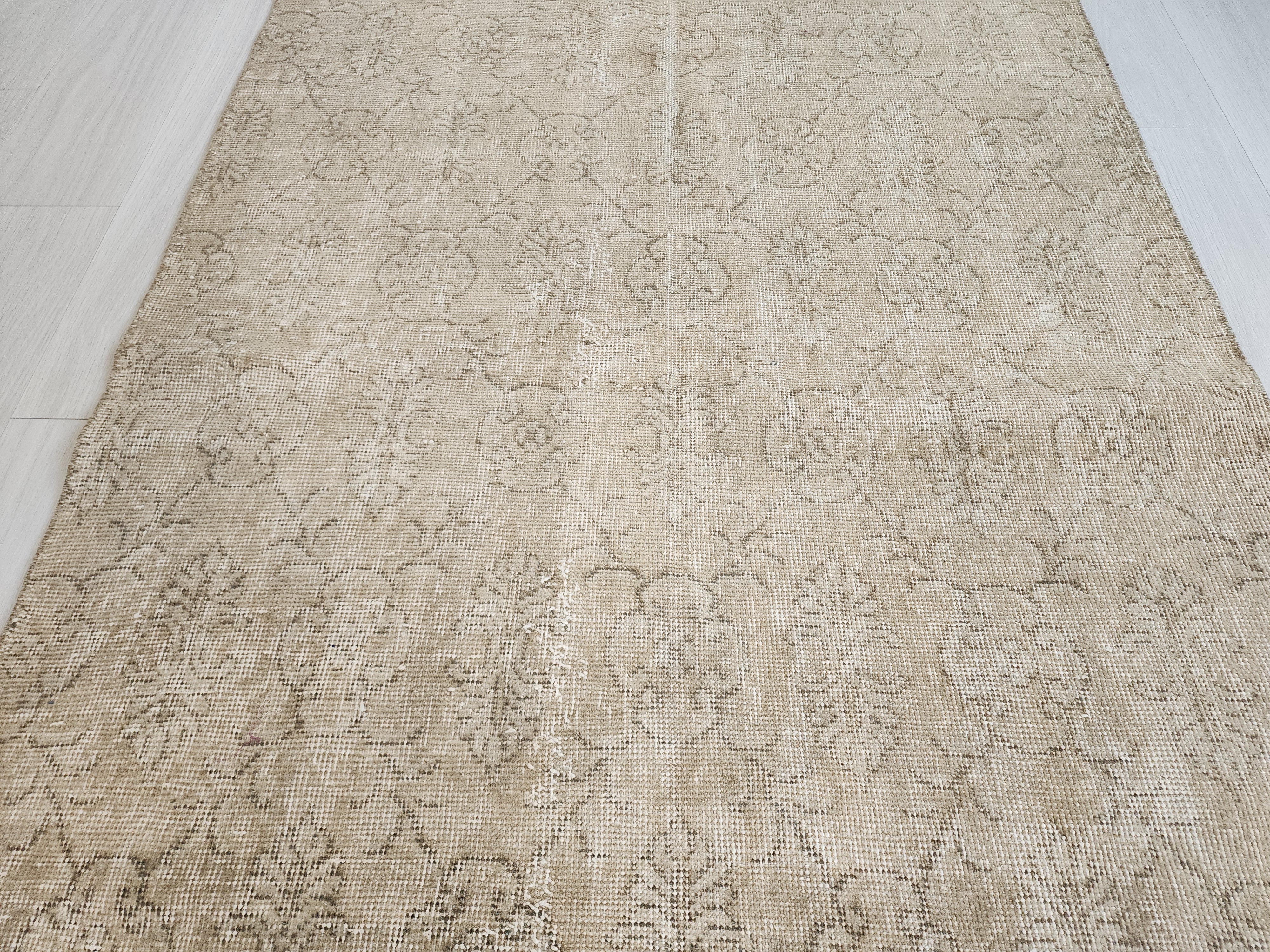 Brown and Cream Vintage Turkish Rug 7 x 4 ft