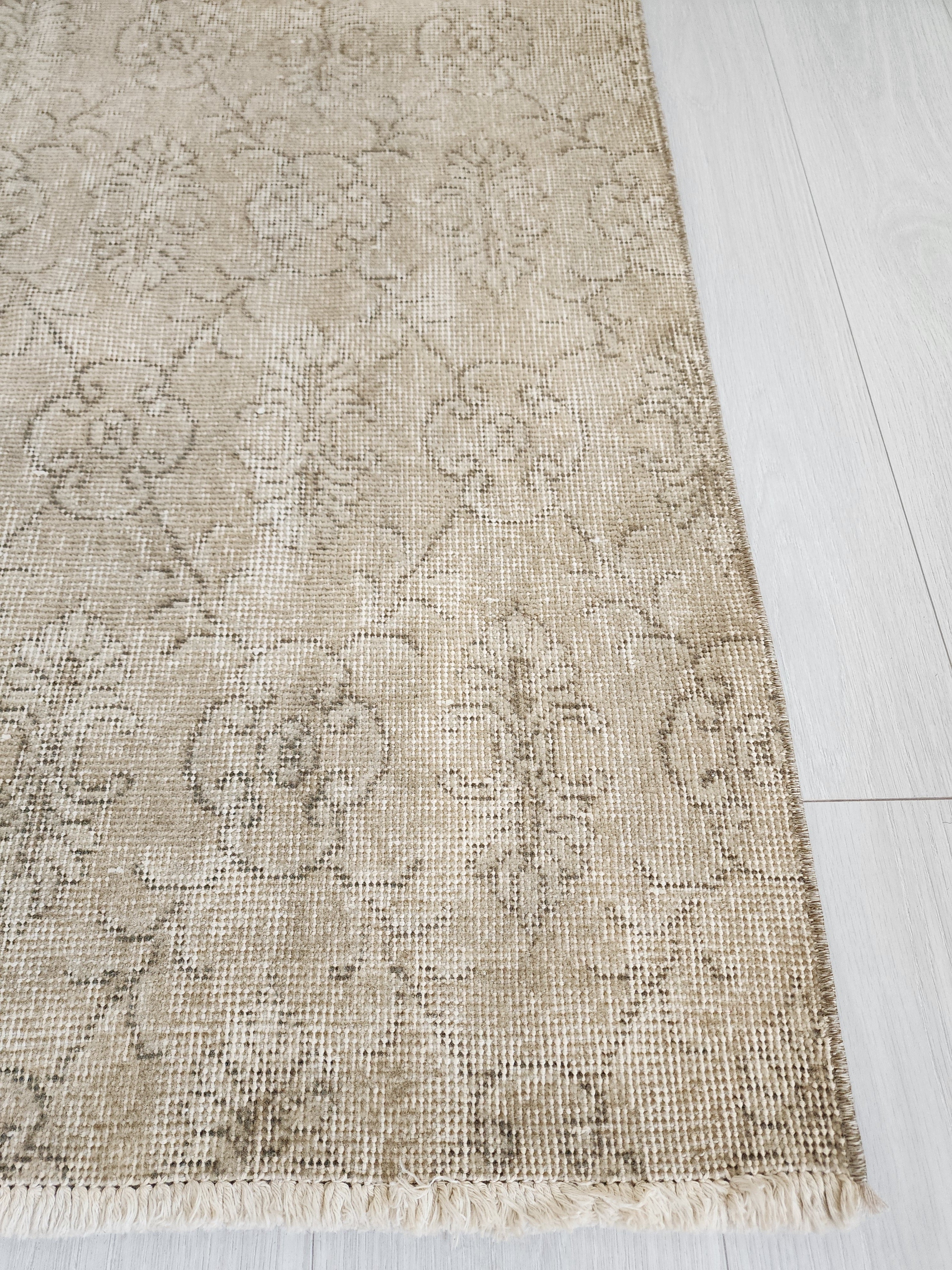 Brown and Cream Vintage Turkish Rug 7 x 4 ft