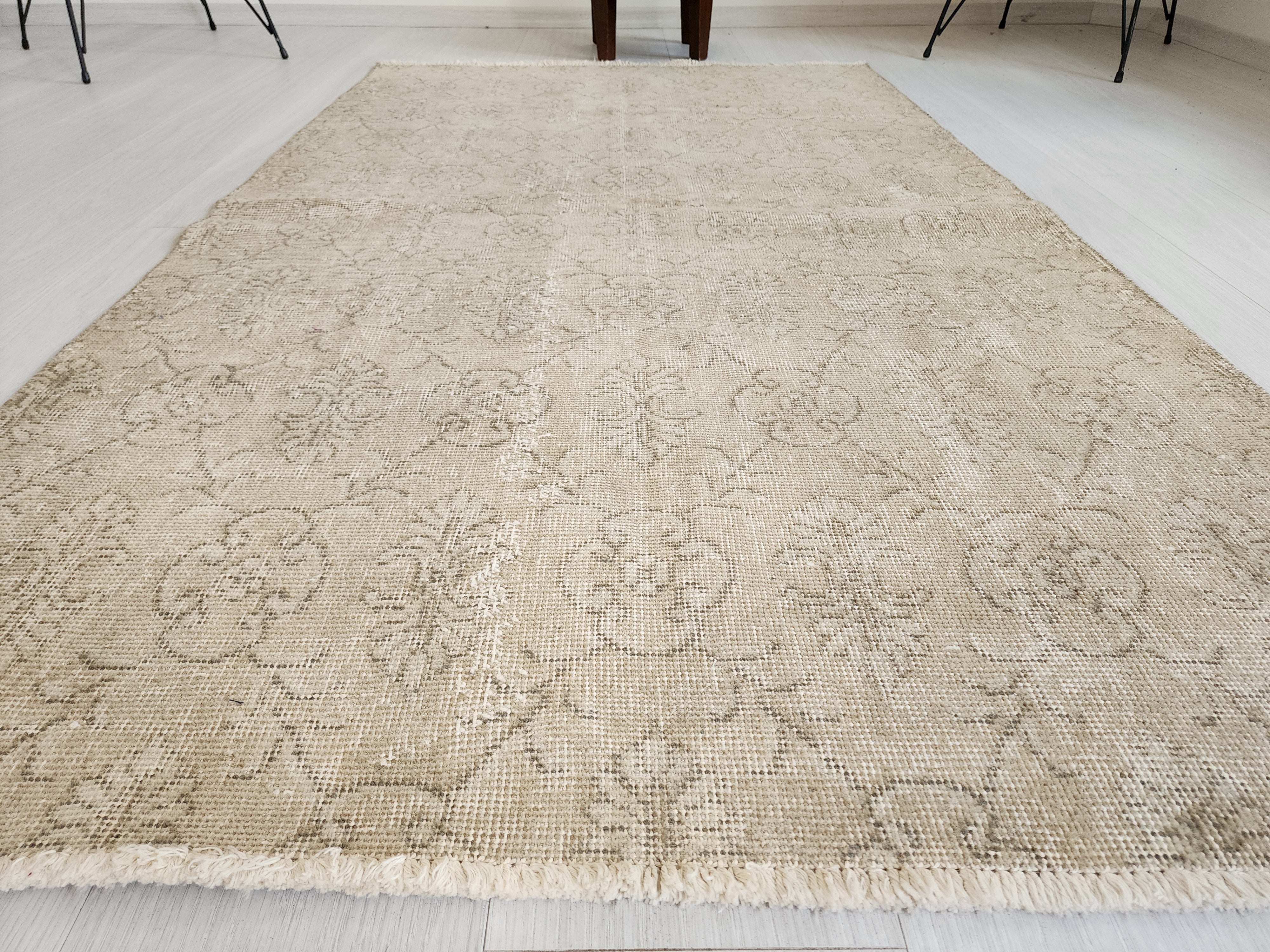 Brown and Cream Vintage Turkish Rug 7 x 4 ft