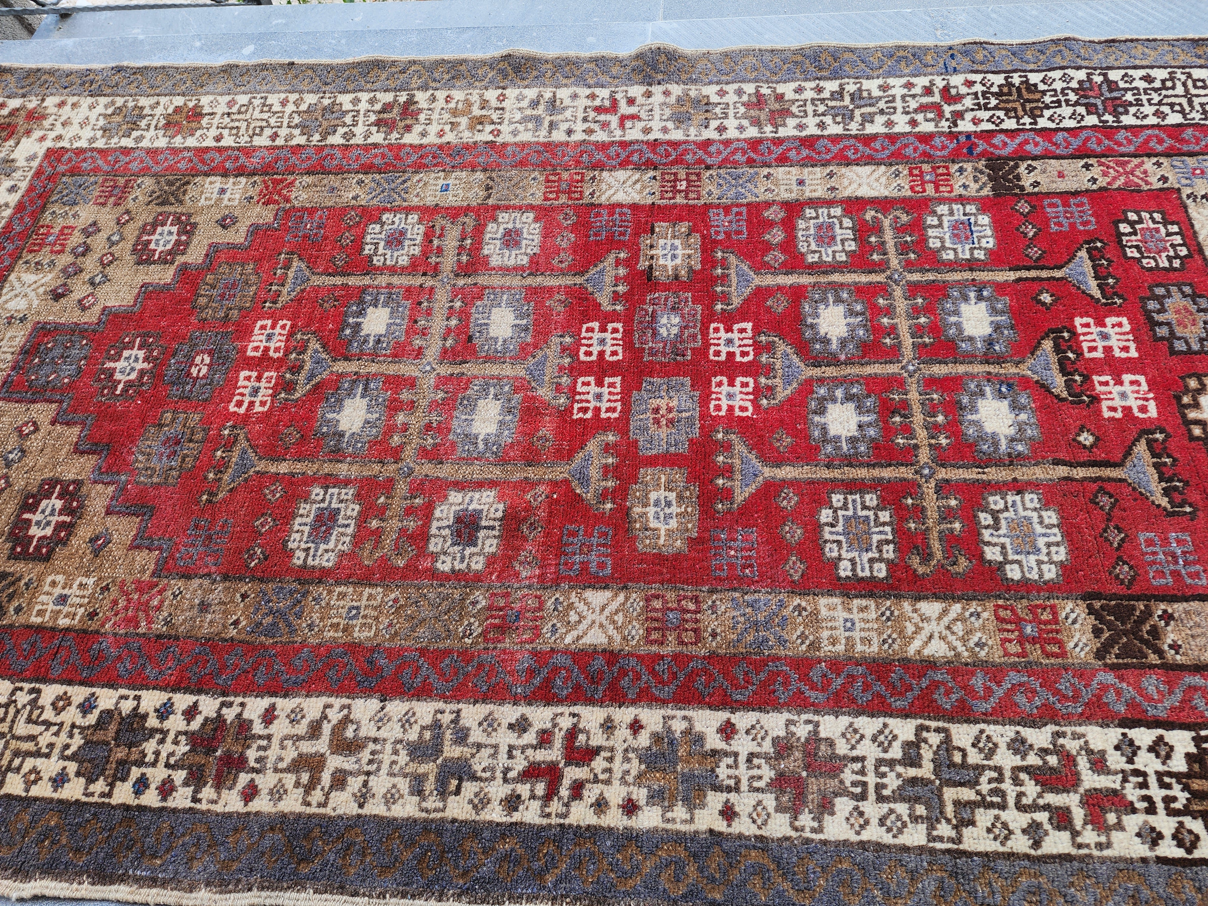 Vintage Turkish Wool Rug 5x3 ft - Tribal Red Brown Taspinar Rug