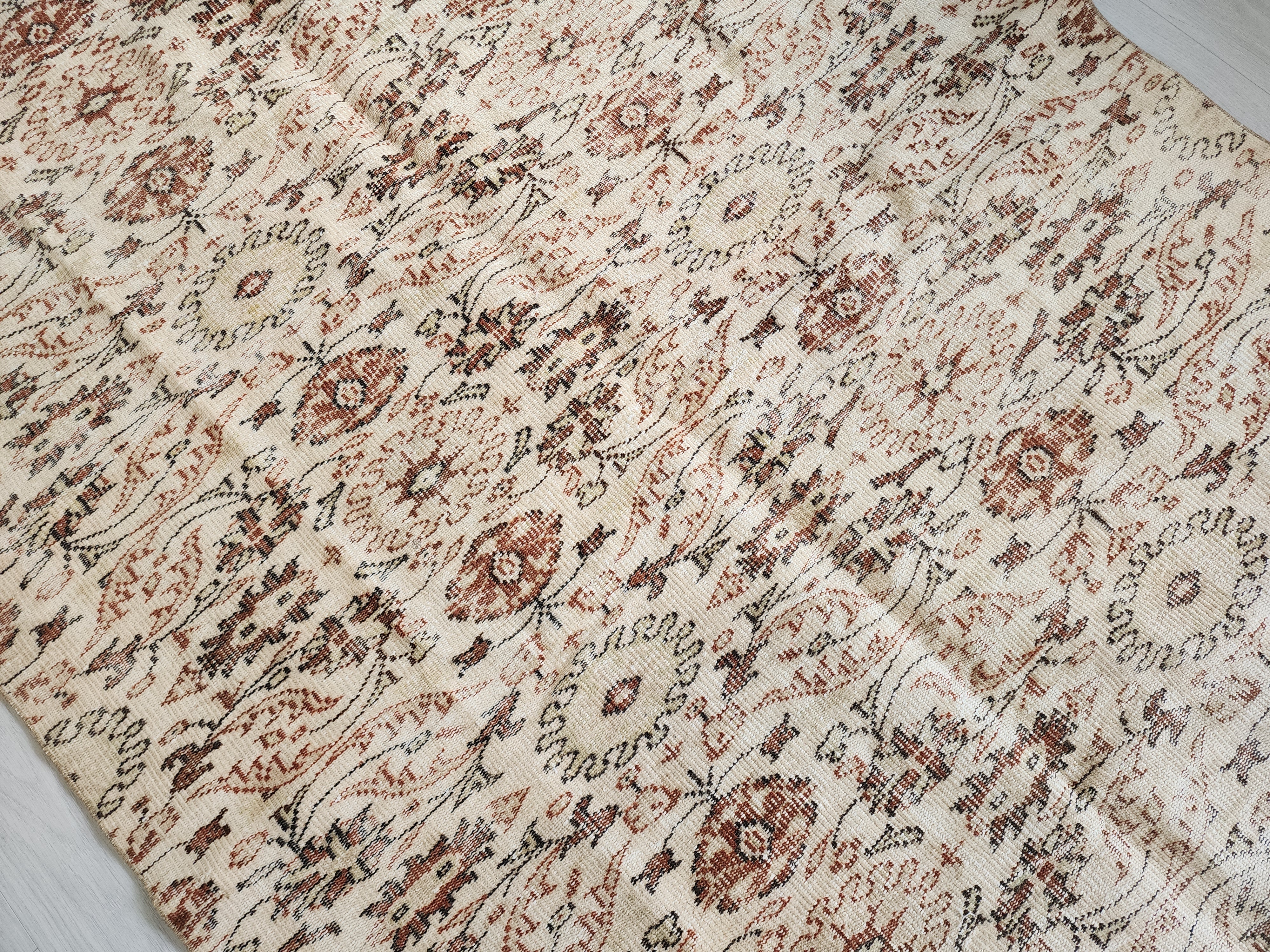 Vintage Turkish Oushak Rug, Large Neutral Area Rug with Faded All-Over Floral Pattern, Muted Beige and Terracotta Tones, Distressed Boho Carpet