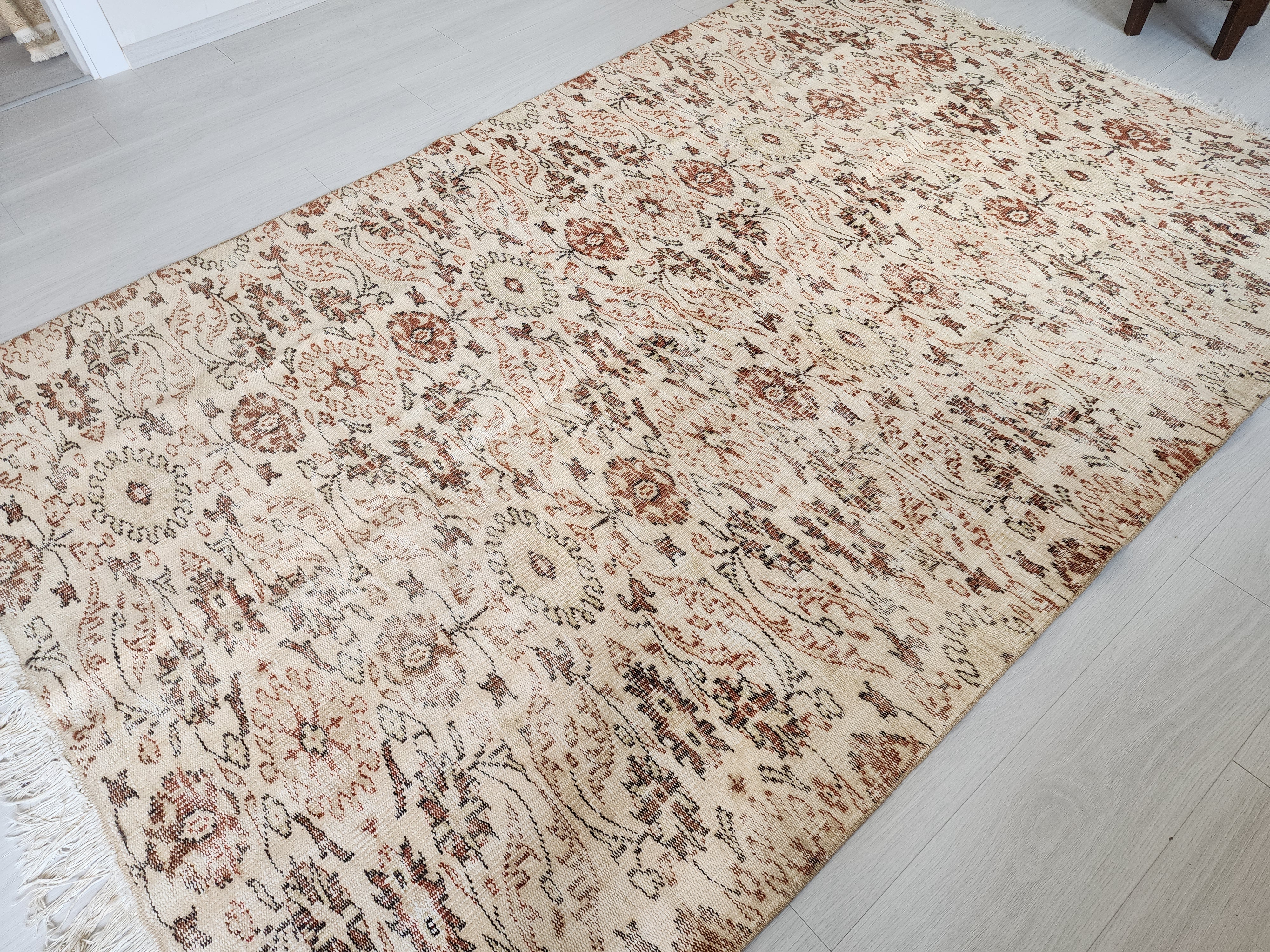 Vintage Turkish Oushak Rug, Large Neutral Area Rug with Faded All-Over Floral Pattern, Muted Beige and Terracotta Tones, Distressed Boho Carpet