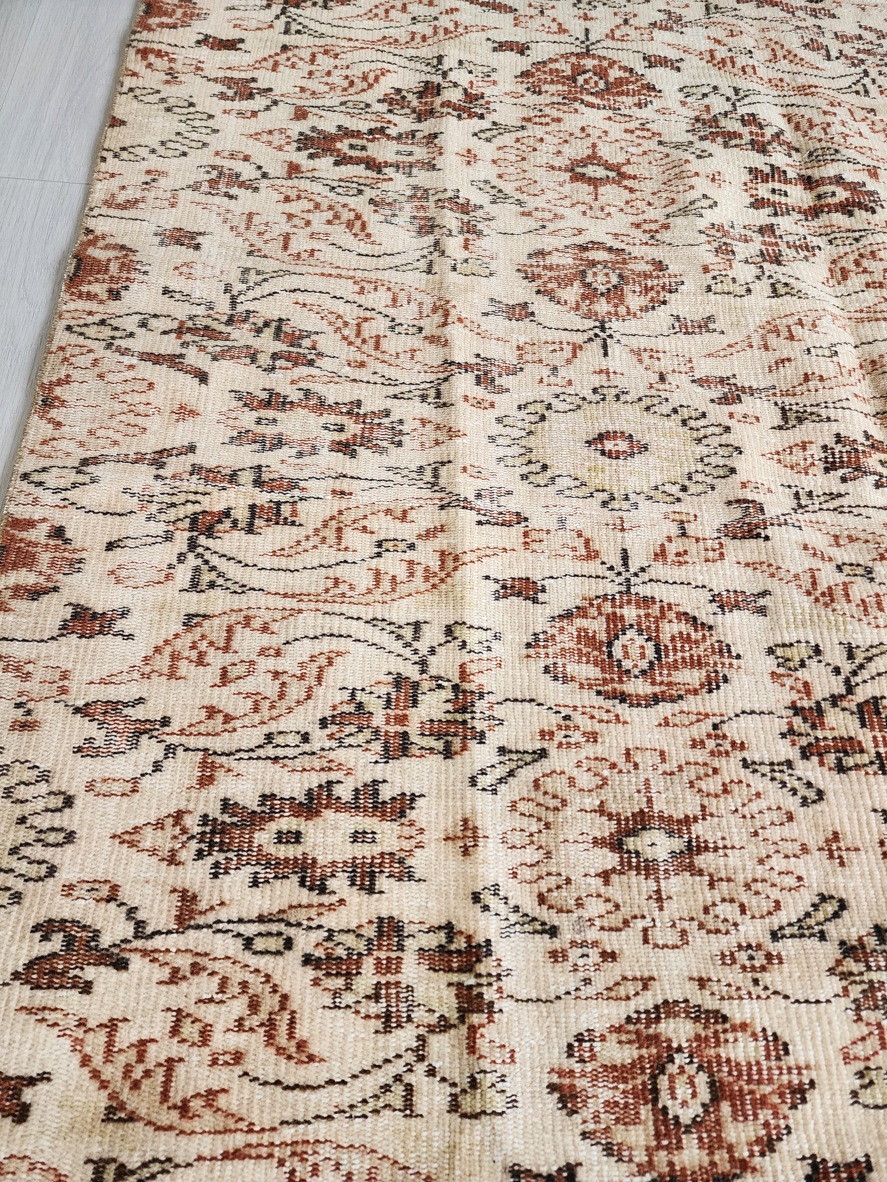 Vintage Turkish Oushak Rug, Large Neutral Area Rug with Faded All-Over Floral Pattern, Muted Beige and Terracotta Tones, Distressed Boho Carpet