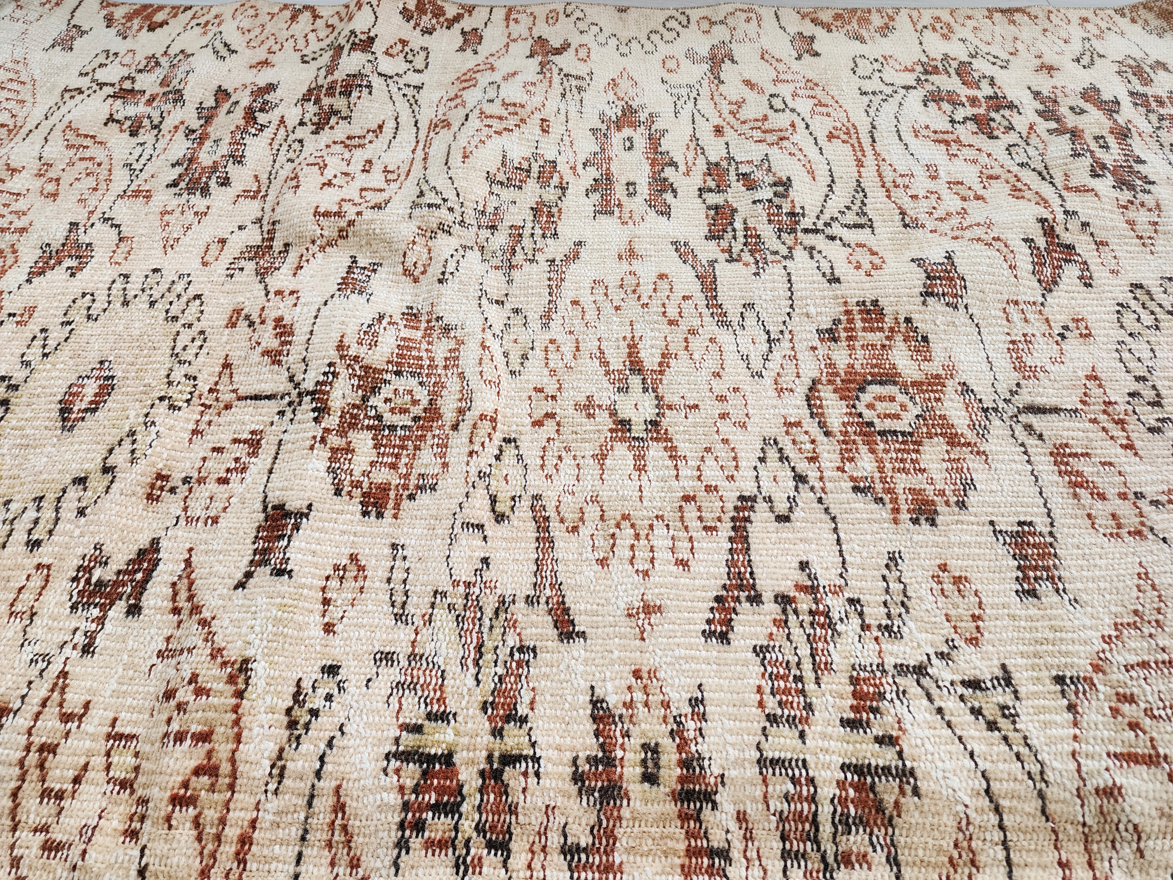 Vintage Turkish Oushak Rug, Large Neutral Area Rug with Faded All-Over Floral Pattern, Muted Beige and Terracotta Tones, Distressed Boho Carpet