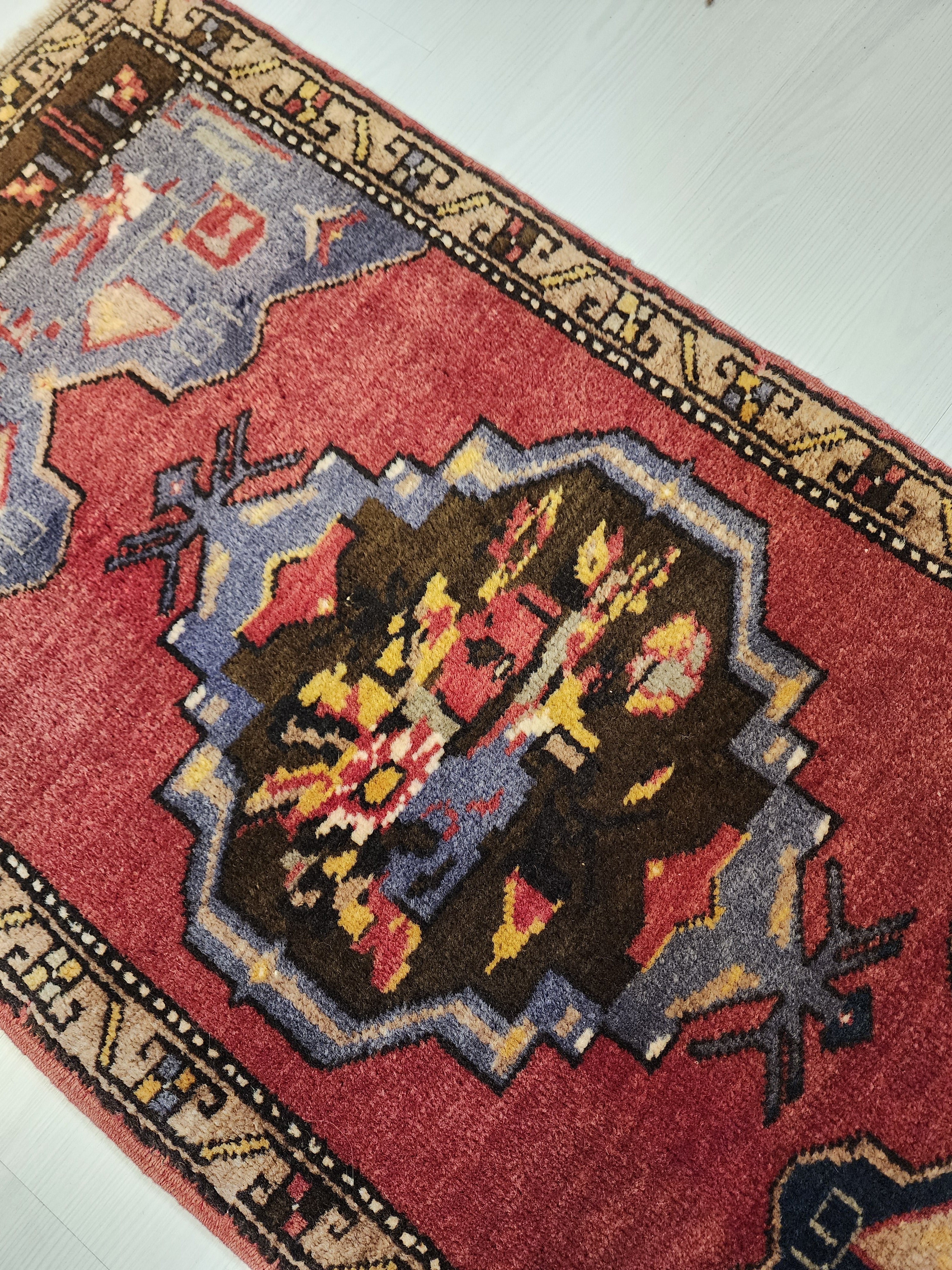 Vintage Turkish Rug, Handmade Wool Anatolian Mat (3'3"x1'9")