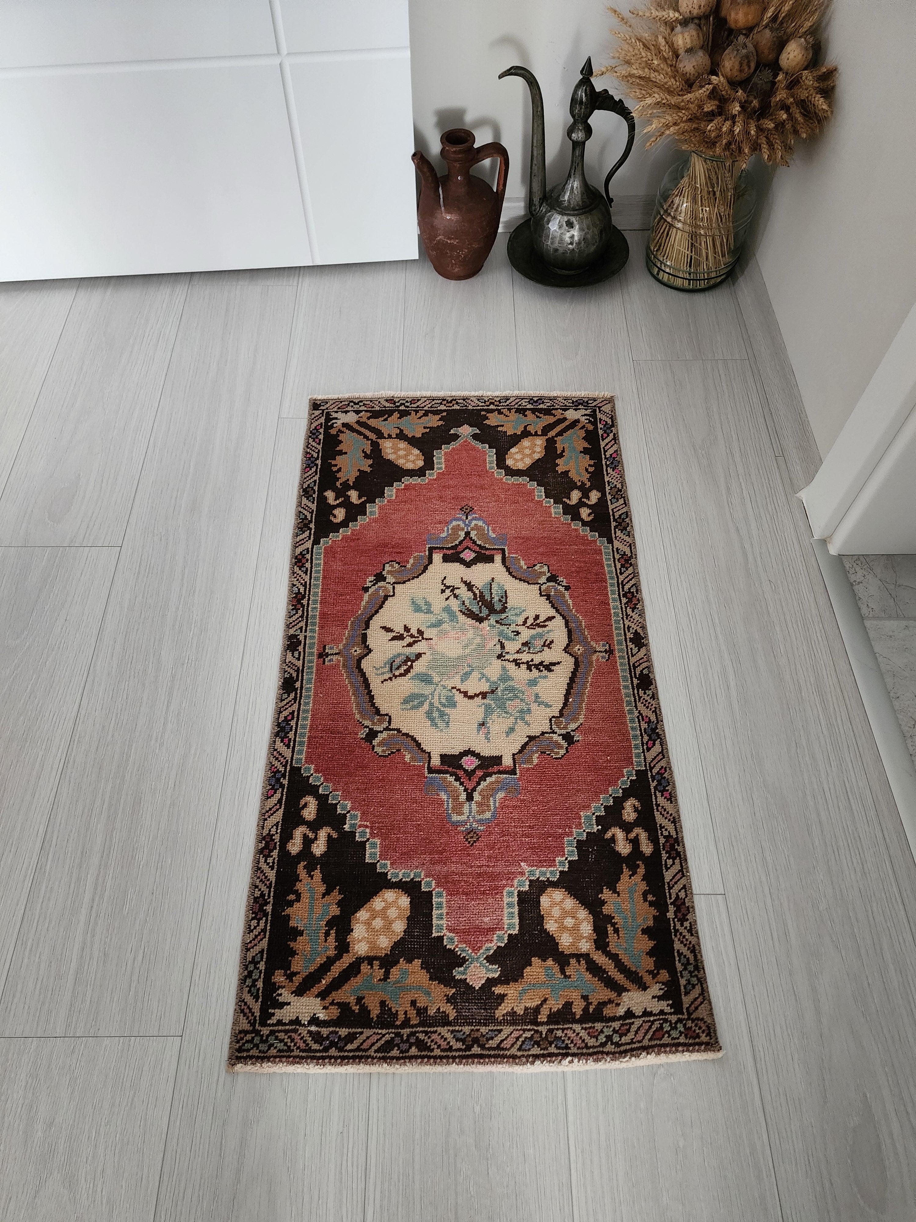 Vintage Turkish Small Rug, 3 ft 1 in x 1 ft 6 in, 	Red, Brown and Beige Faded Distressed Antique Style Mat