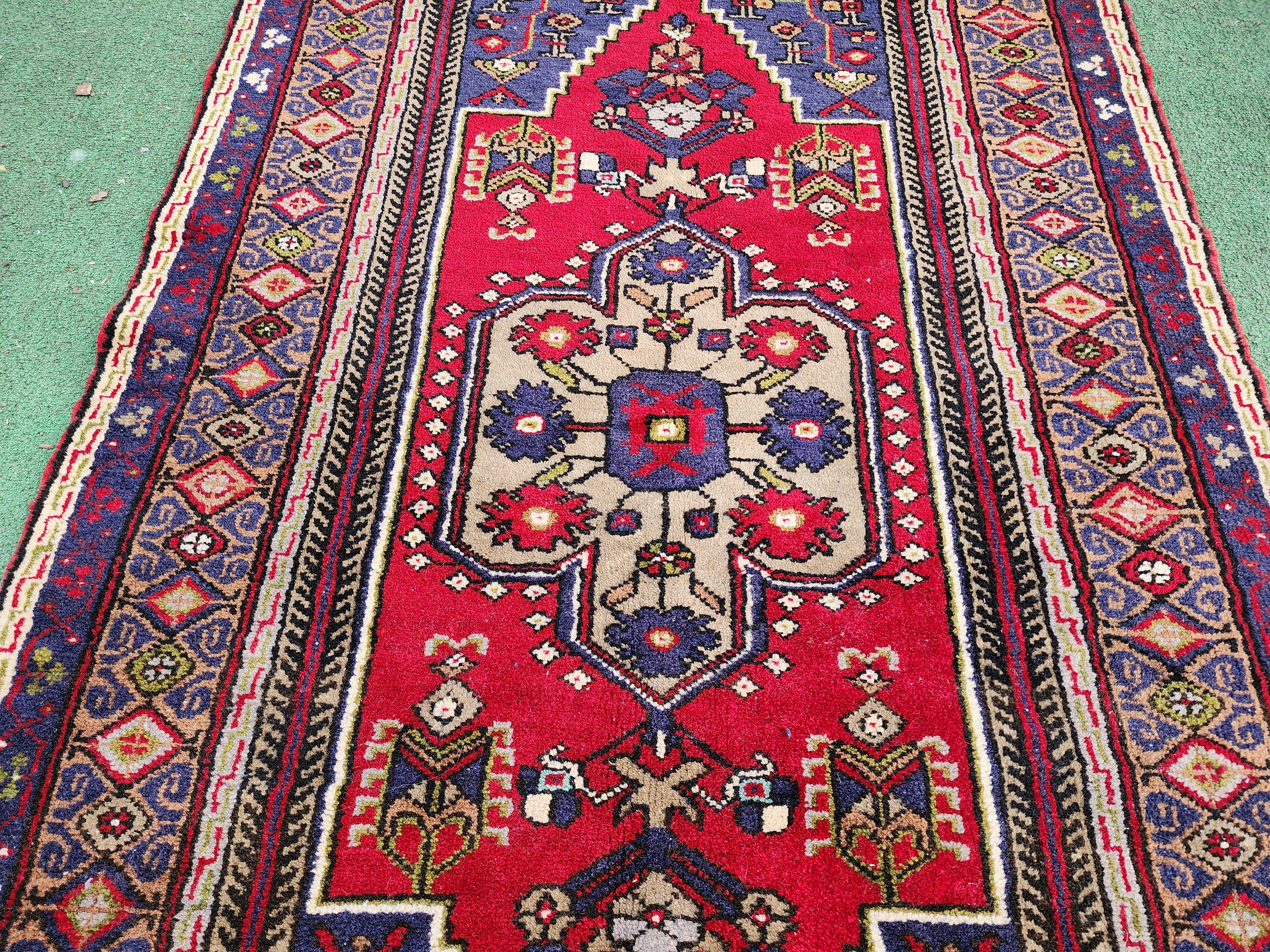 Vintage Turkish Rug, 6 ft 2 in x 3 ft 3 in Red Blue and Brown Persian Rug Handmade from Natural Wool