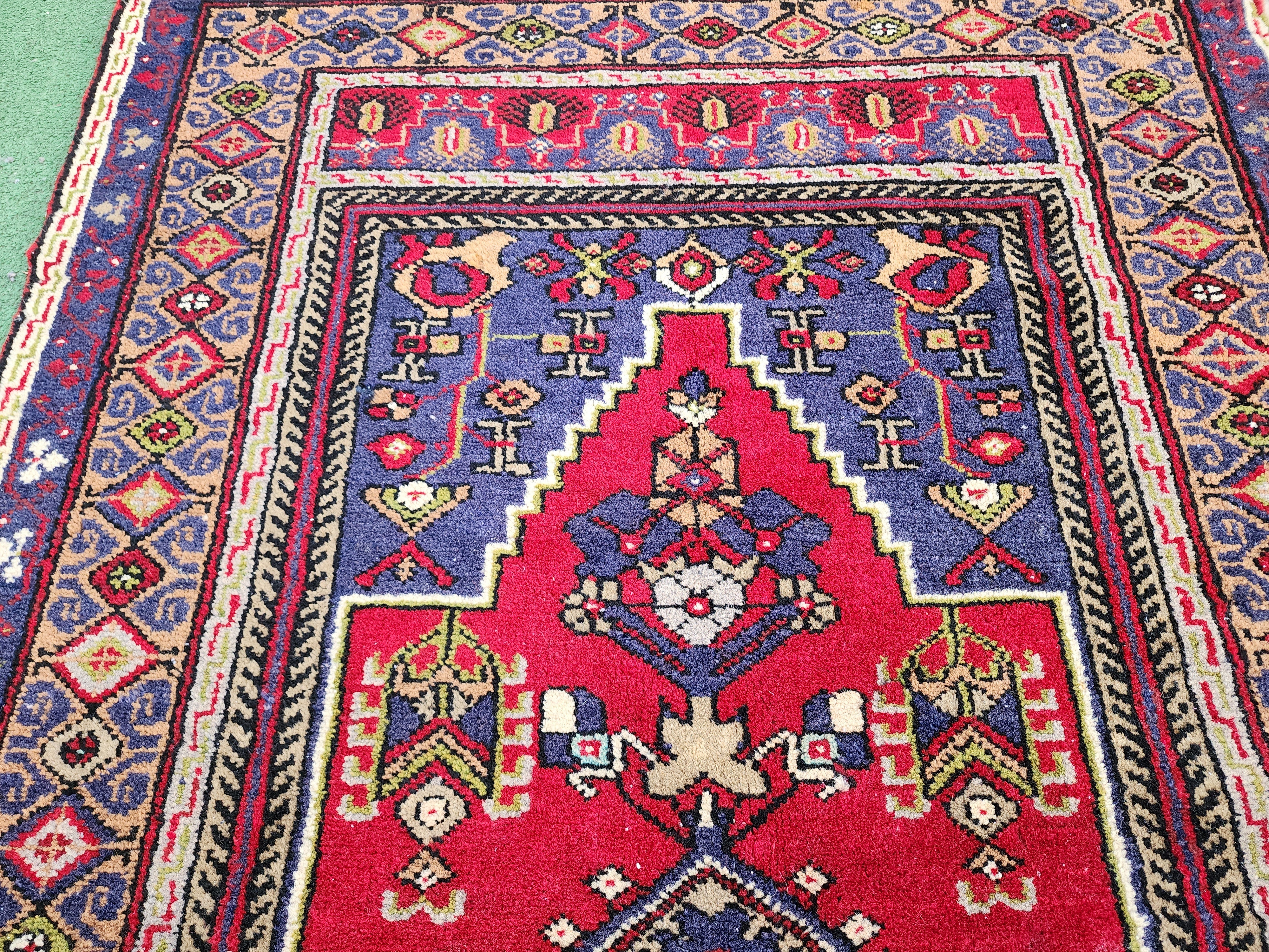 Vintage Turkish Rug, 6 ft 2 in x 3 ft 3 in Red Blue and Brown Persian Rug Handmade from Natural Wool