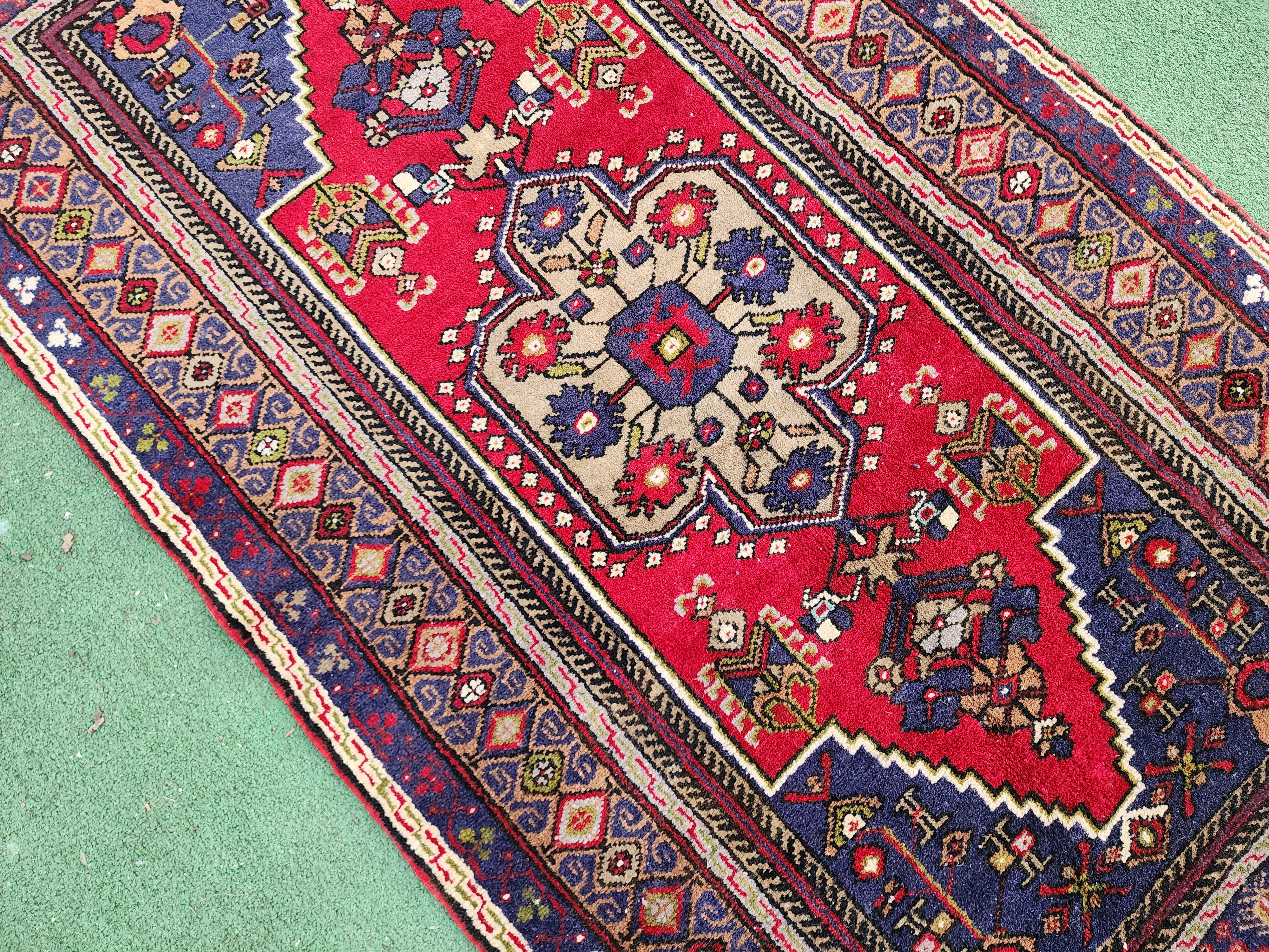Vintage Turkish Rug, 6 ft 2 in x 3 ft 3 in Red Blue and Brown Persian Rug Handmade from Natural Wool