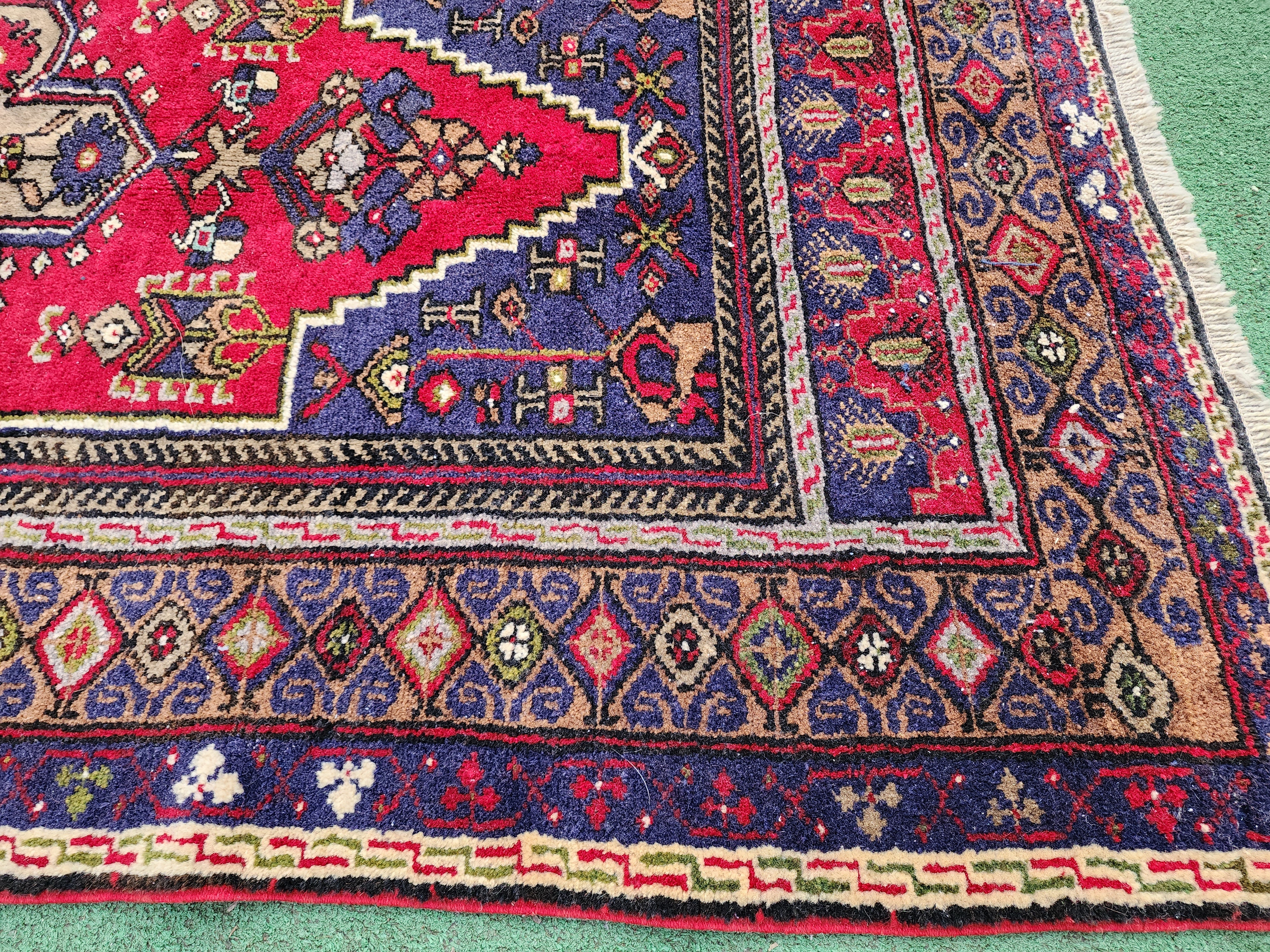 Vintage Turkish Rug, 6 ft 2 in x 3 ft 3 in Red Blue and Brown Persian Rug Handmade from Natural Wool