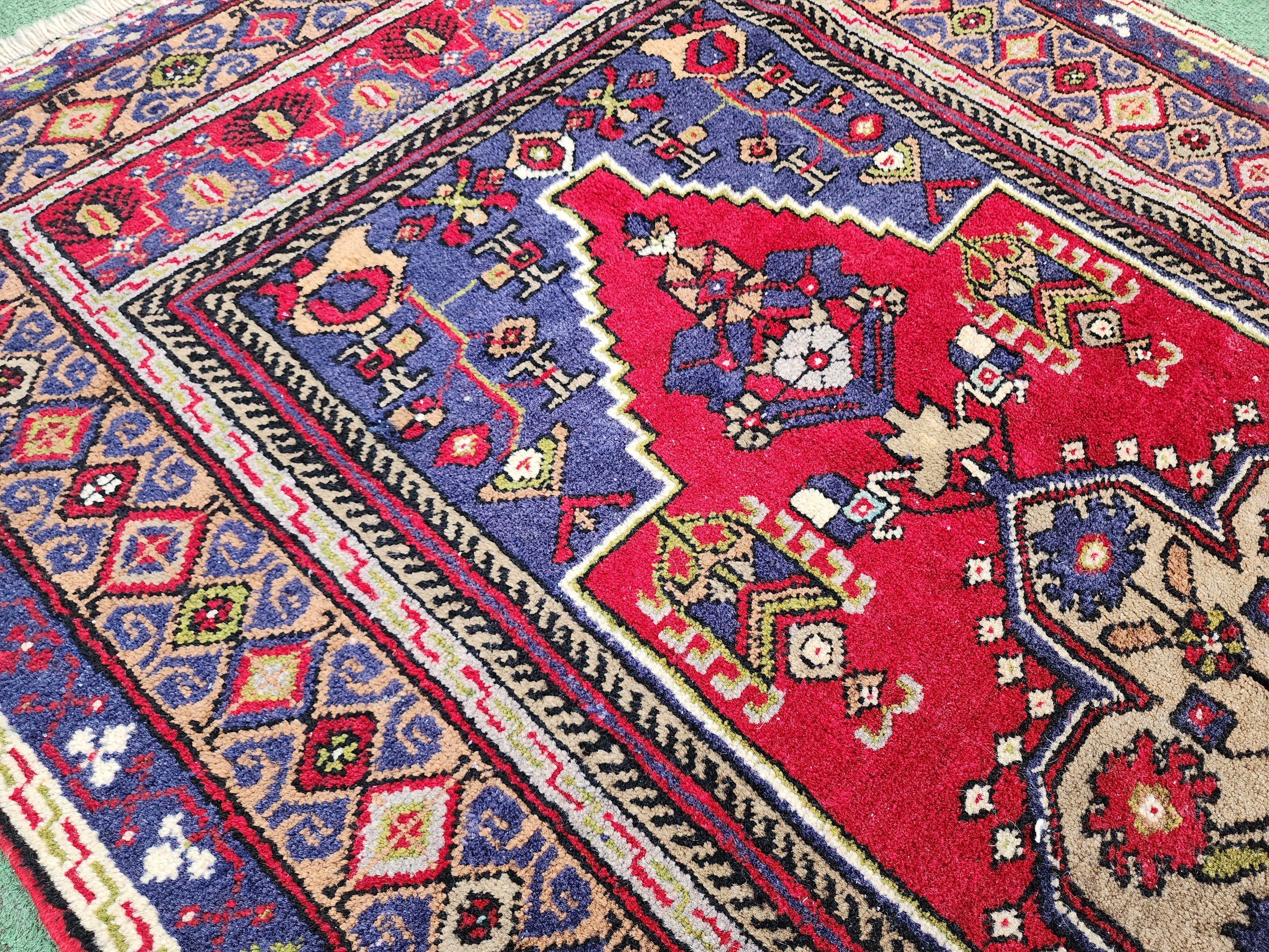 Vintage Turkish Rug, 6 ft 2 in x 3 ft 3 in Red Blue and Brown Persian Rug Handmade from Natural Wool