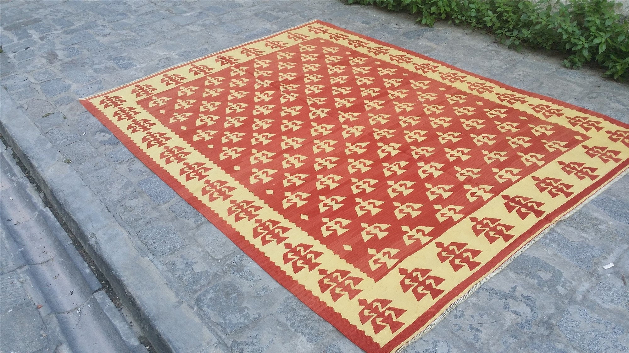 Konya Turkish Kilim Rug, 6 x 5 ft Tan Rust Beige Handmade Organic Wool Vintage Rug, Boho Rustic Anatolian Moroccan Carpet Persian Area Rug