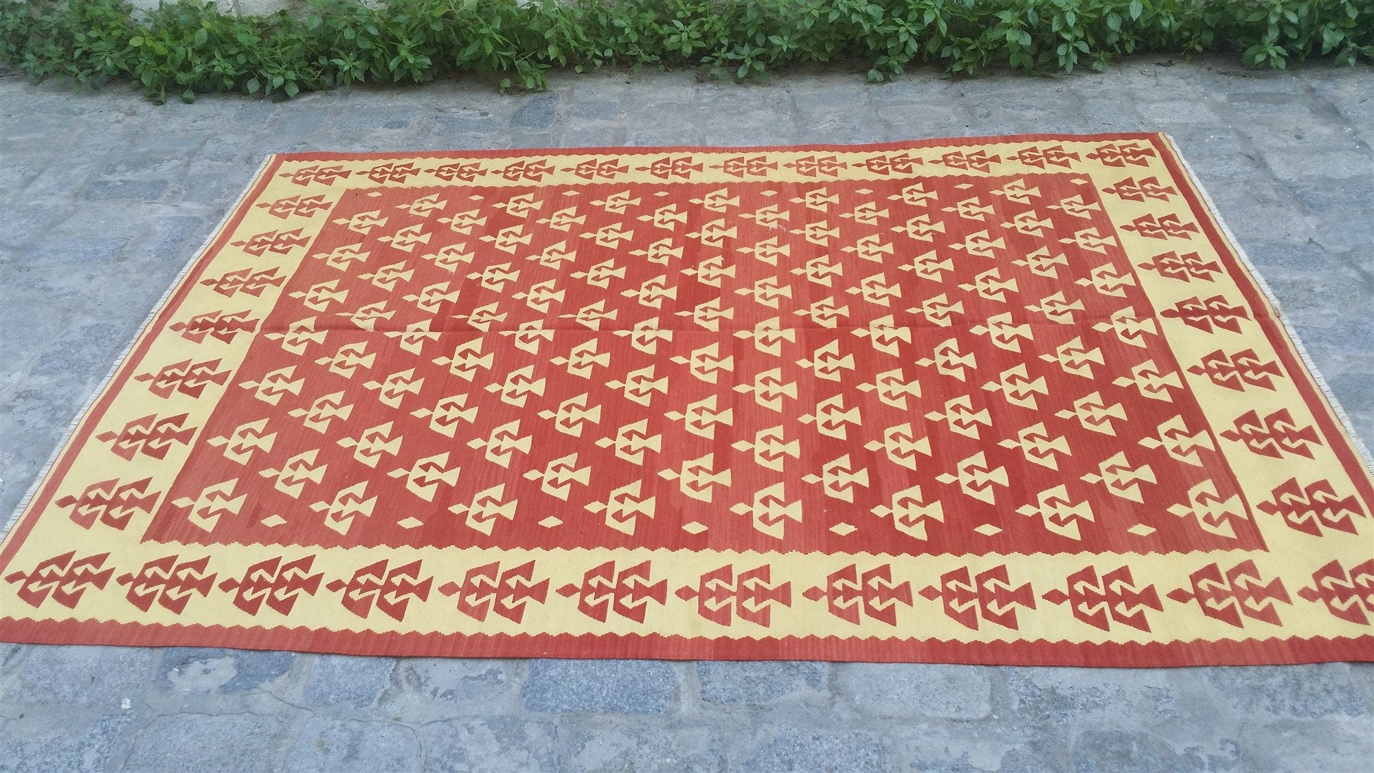 Konya Turkish Kilim Rug, 6 x 5 ft Tan Rust Beige Handmade Organic Wool Vintage Rug, Boho Rustic Anatolian Moroccan Carpet Persian Area Rug