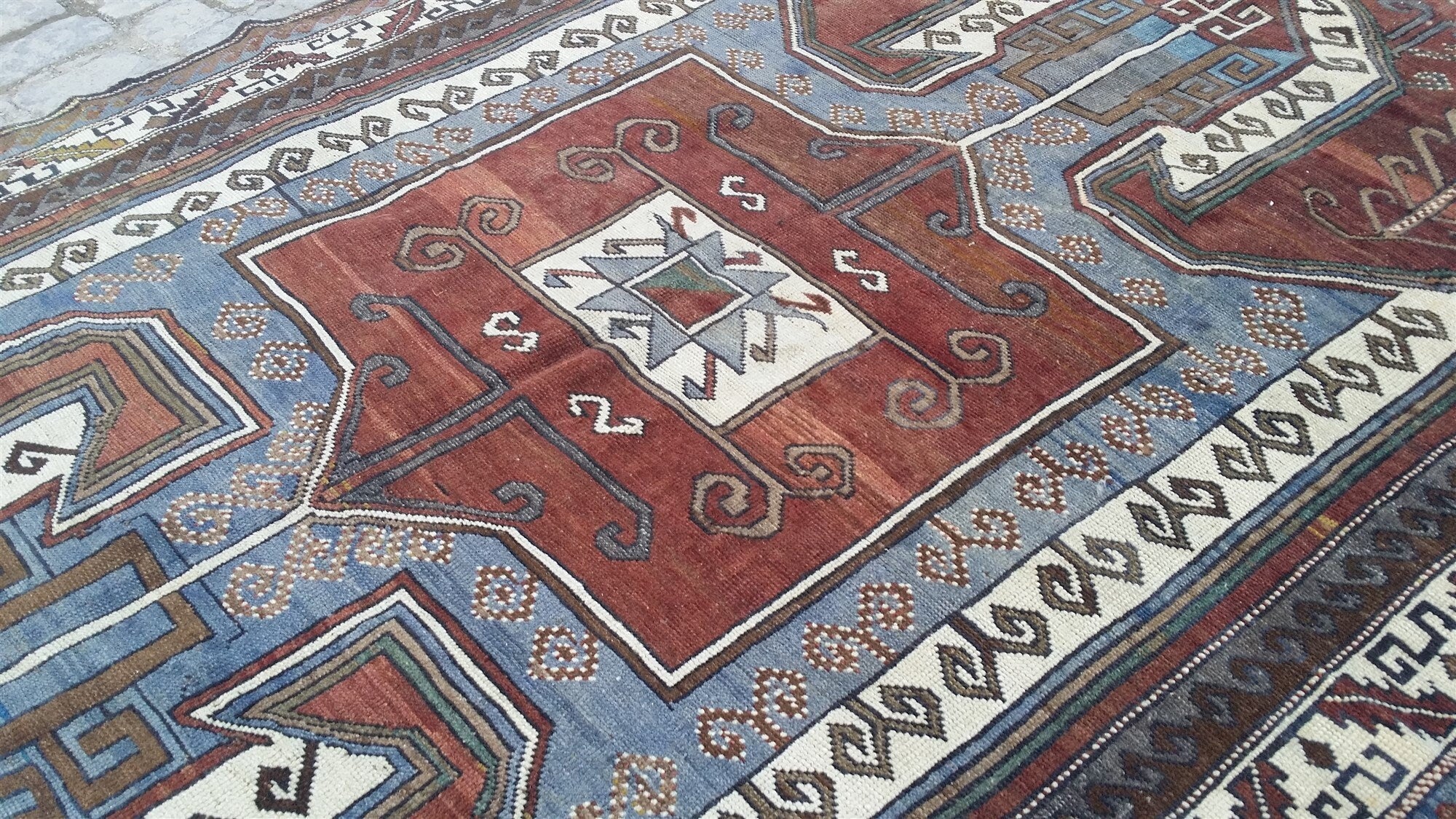 Alfombra vintage marrón y azul, alfombra tradicional tribal nómada tejida a mano en lana Kars, 10'5" x 6'6"