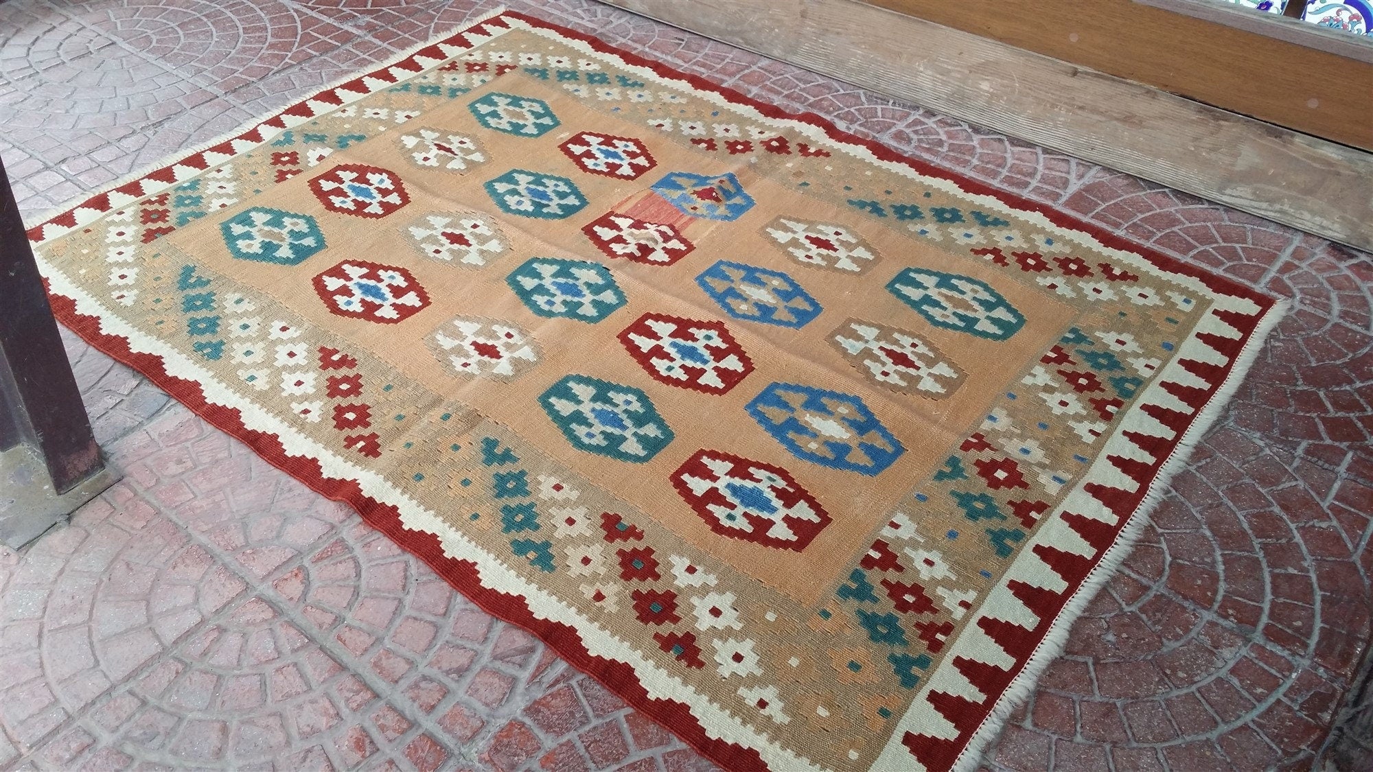 Turkish Kilim Rug, 4 x 3 ft Pink Green Red Handmade Anatolian Natural Wool Rug, Tribal Nomadic Rustic Decor Persian Area Rug