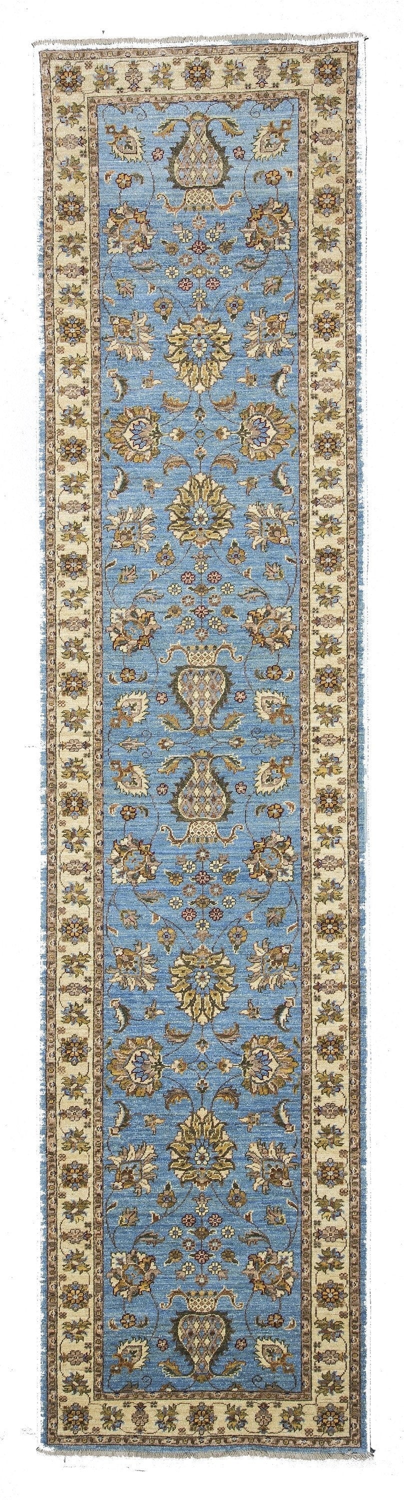 Turkish Usak Hallway Runner Rug 11 x 3 ft Blue Beige Long Rug, Vintage Oriental Ottoman Palace Rug, Handmade Natural Wool Persian Area Rug
