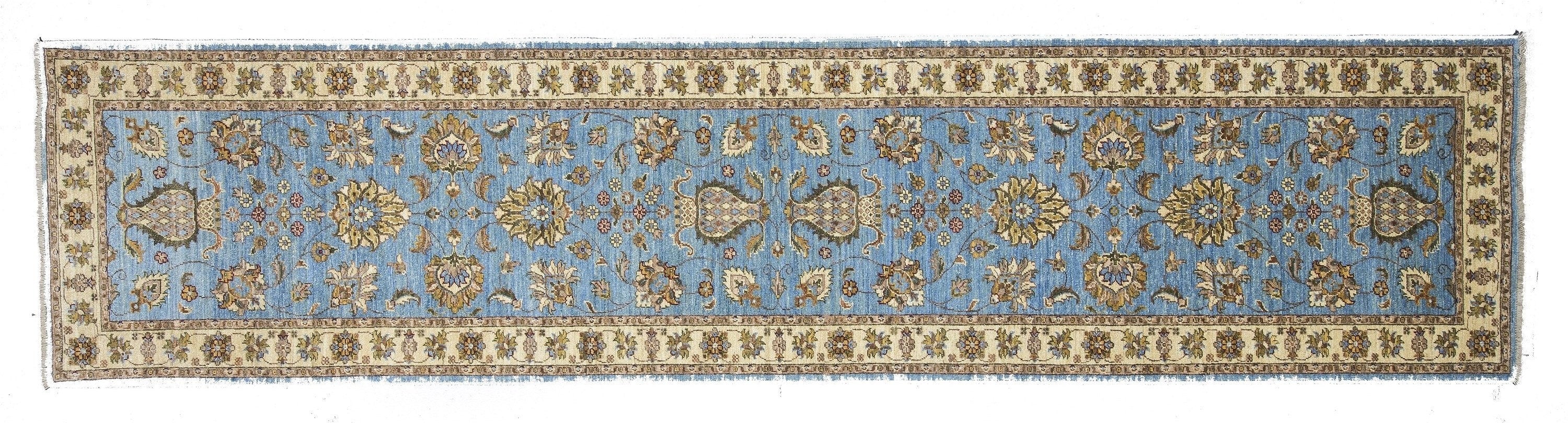 Turkish Usak Hallway Runner Rug 11 x 3 ft Blue Beige Long Rug, Vintage Oriental Ottoman Palace Rug, Handmade Natural Wool Persian Area Rug