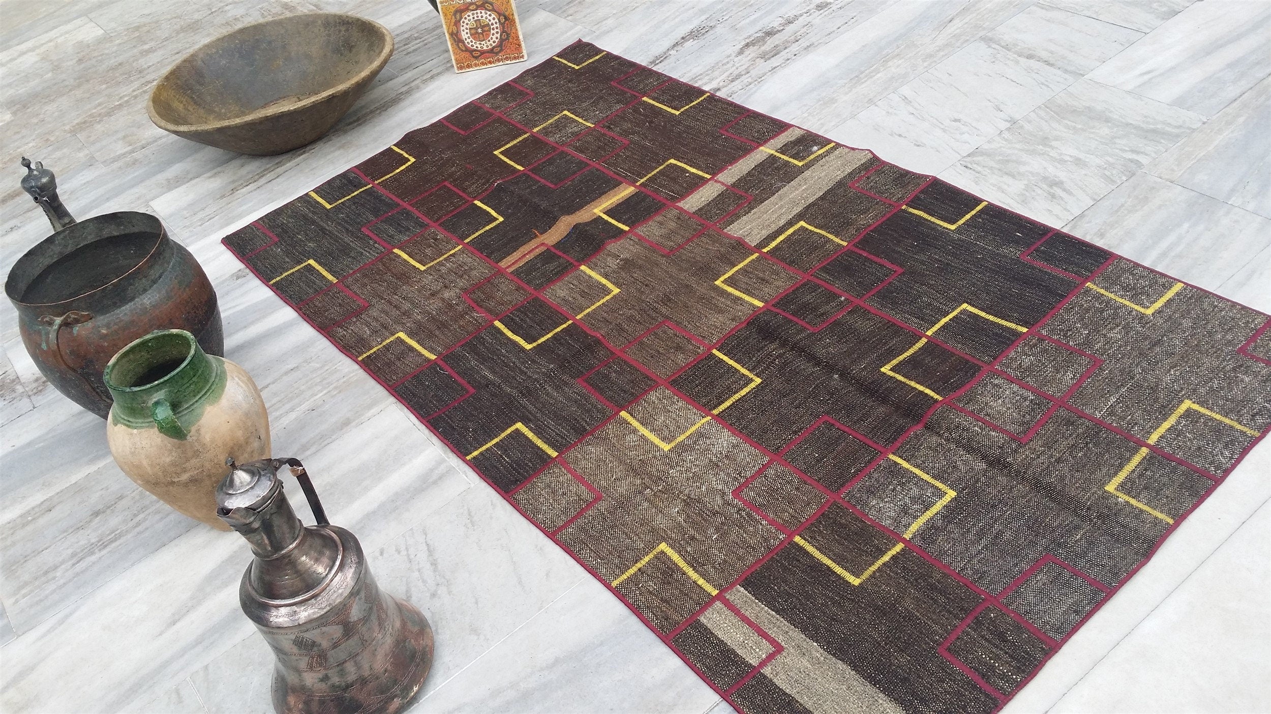 Patchwork Kilim Rug, Rustic Decor Living Room Rug, Handmade Wool Rug, Bohemian Style Vintage Decor Persian Area Rug 6.7*3.7 ft