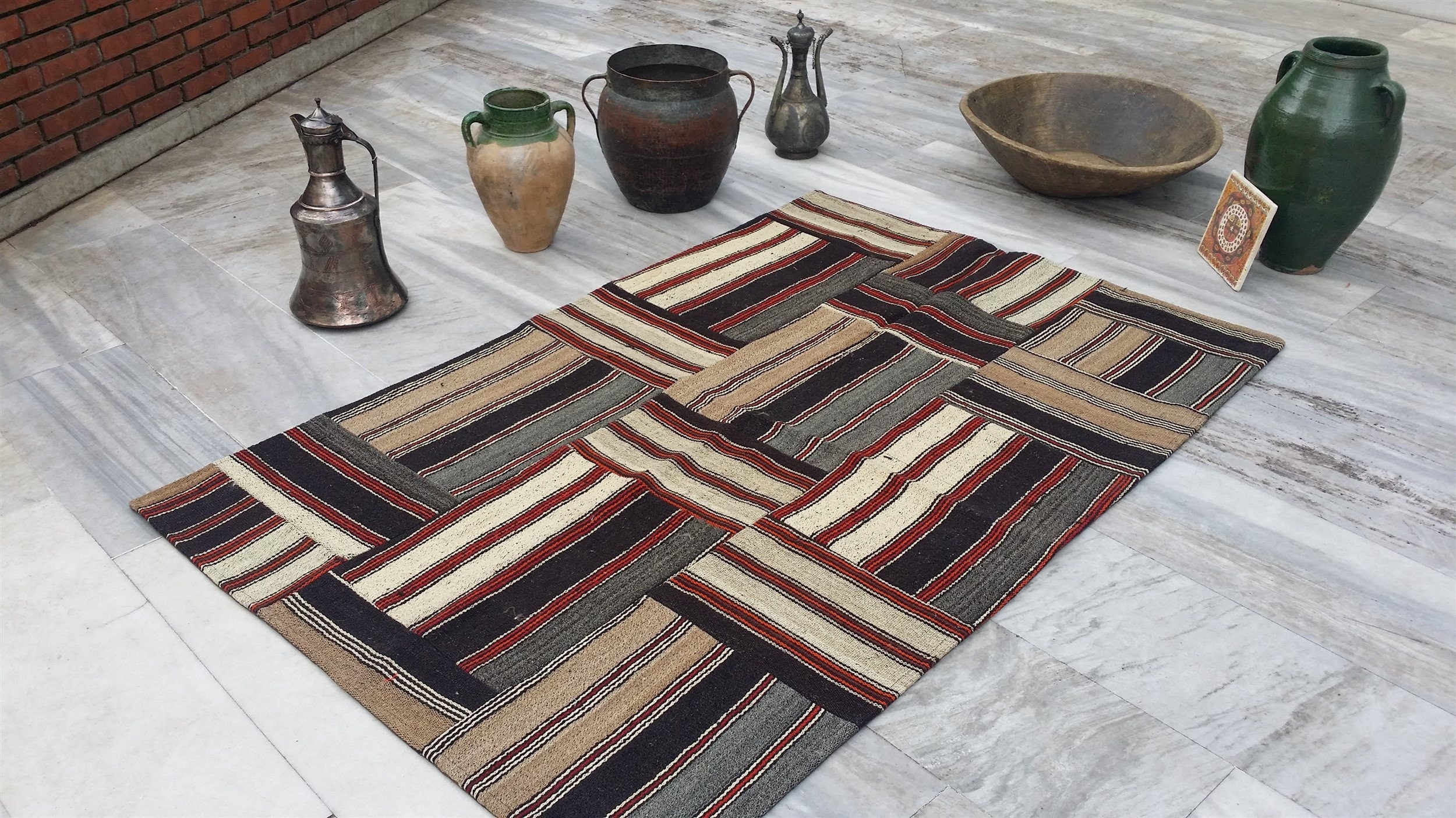 Patchwork Kilim Rug 5 ft 10 in x 3 ft 11 in Brown Grey and White Turkish Rug