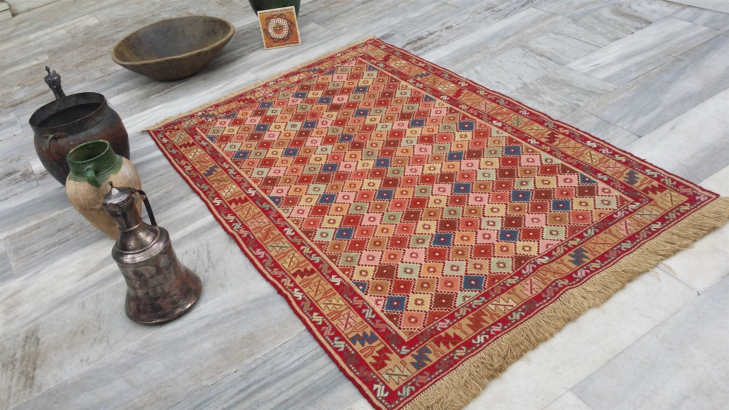 Red Blue Brown Soumak Kilim 6 x 4 ft Vintage Turkish Handmade Embroidered Rug, Natural Wool Handmade Boho Rustic Persian Area Geometric Rug