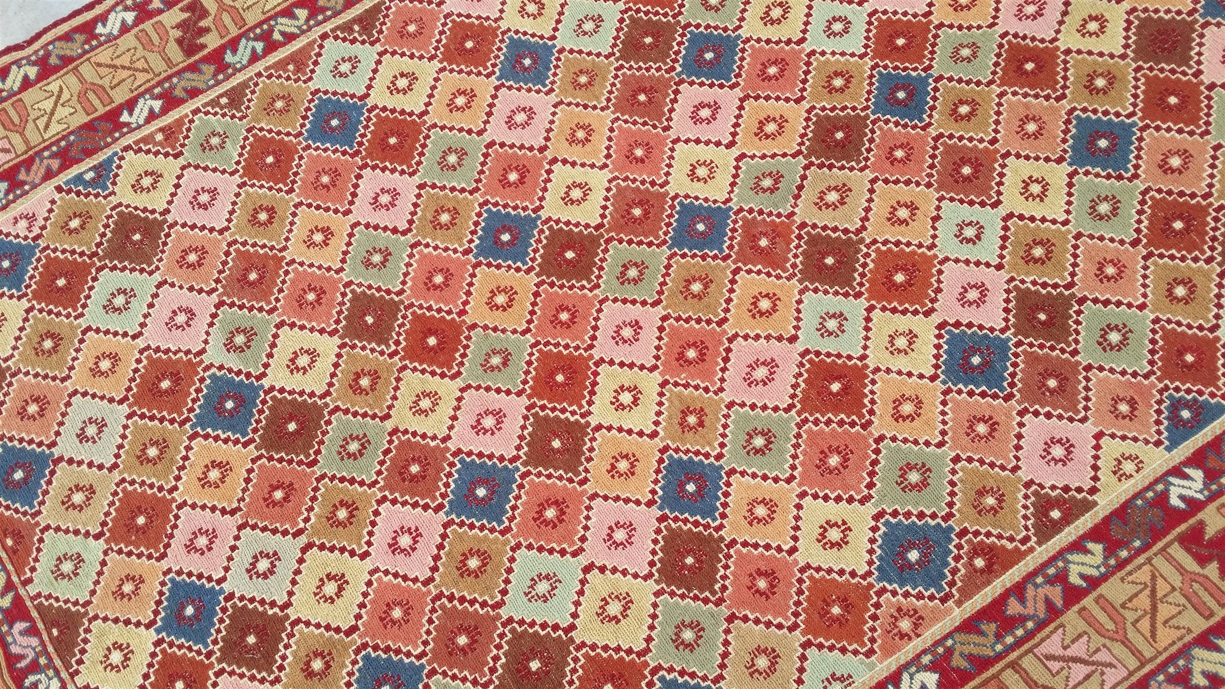 Red Blue Brown Soumak Kilim 6 x 4 ft Vintage Turkish Handmade Embroidered Rug, Natural Wool Handmade Boho Rustic Persian Area Geometric Rug