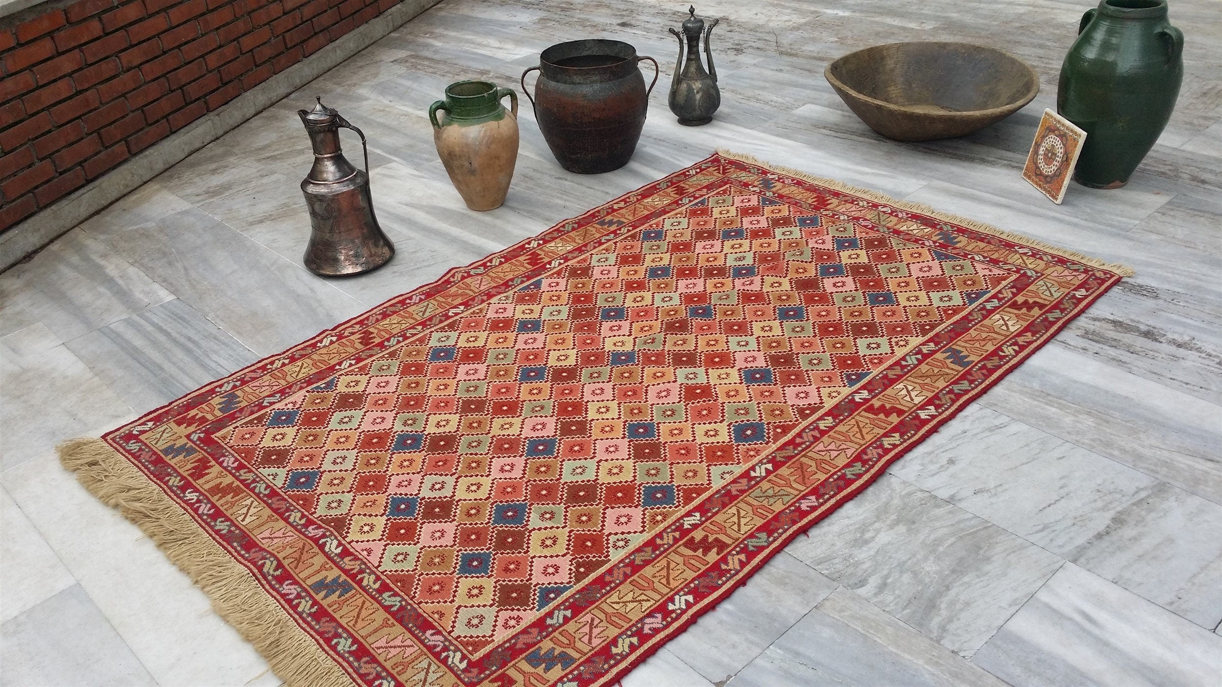 Red Blue Brown Soumak Kilim 6 x 4 ft Vintage Turkish Handmade Embroidered Rug, Natural Wool Handmade Boho Rustic Persian Area Geometric Rug