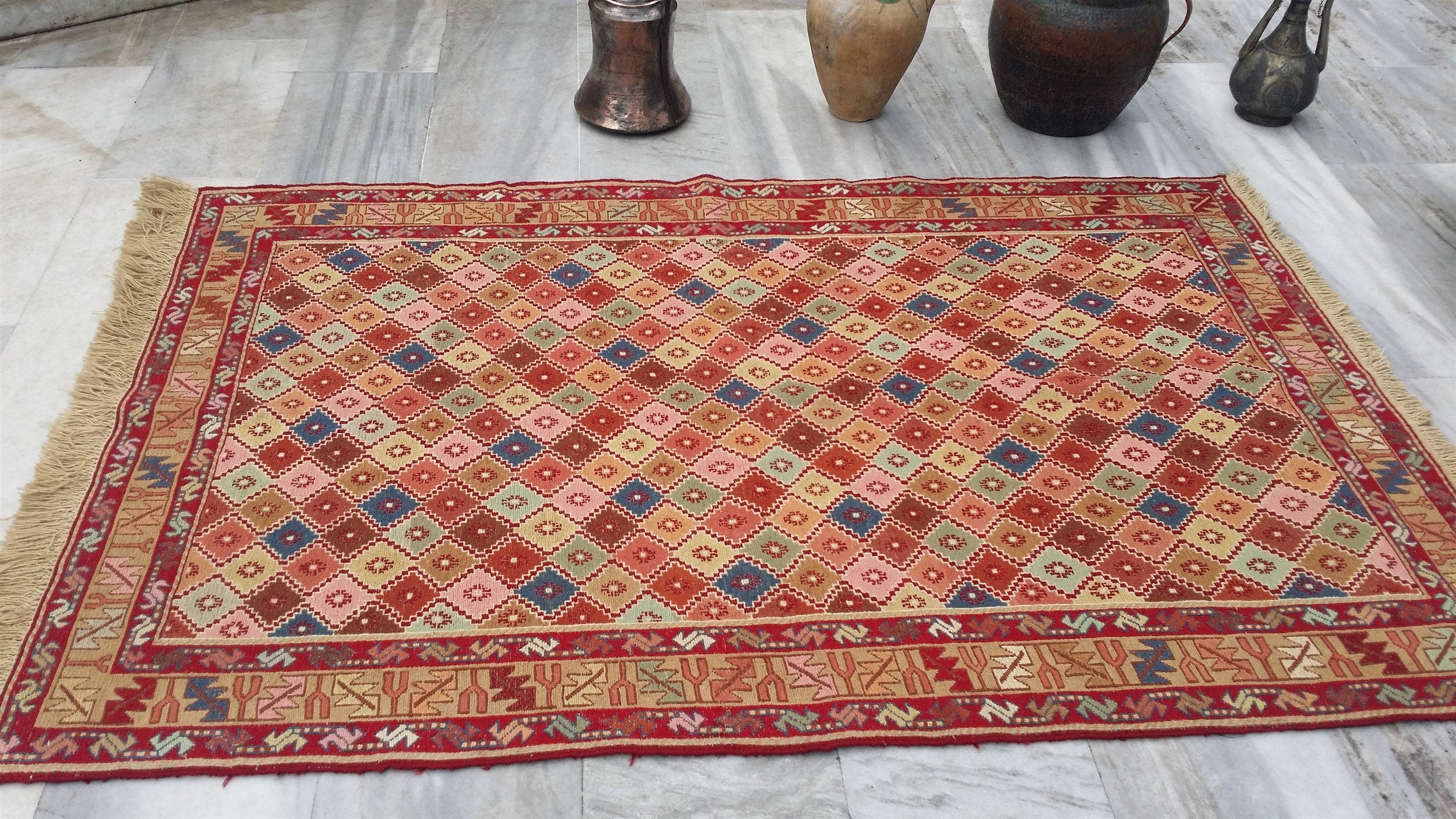 Red Blue Brown Soumak Kilim 6 x 4 ft Vintage Turkish Handmade Embroidered Rug, Natural Wool Handmade Boho Rustic Persian Area Geometric Rug