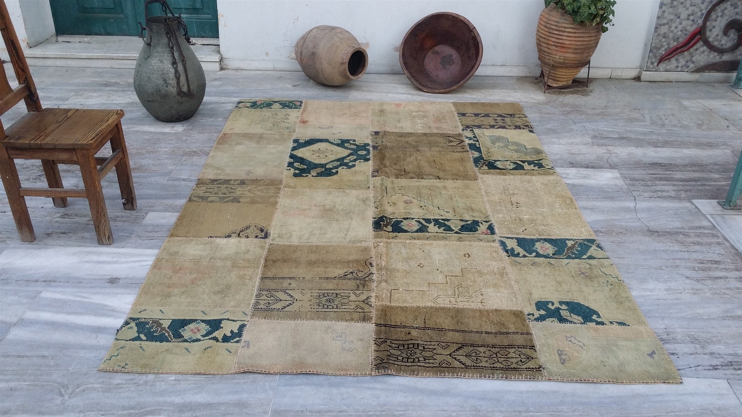 Patchwork Turkish Rug, 7 ft 11 in x 5 ft 9 in Beige and Blue Rustic Decor Living Room Rug