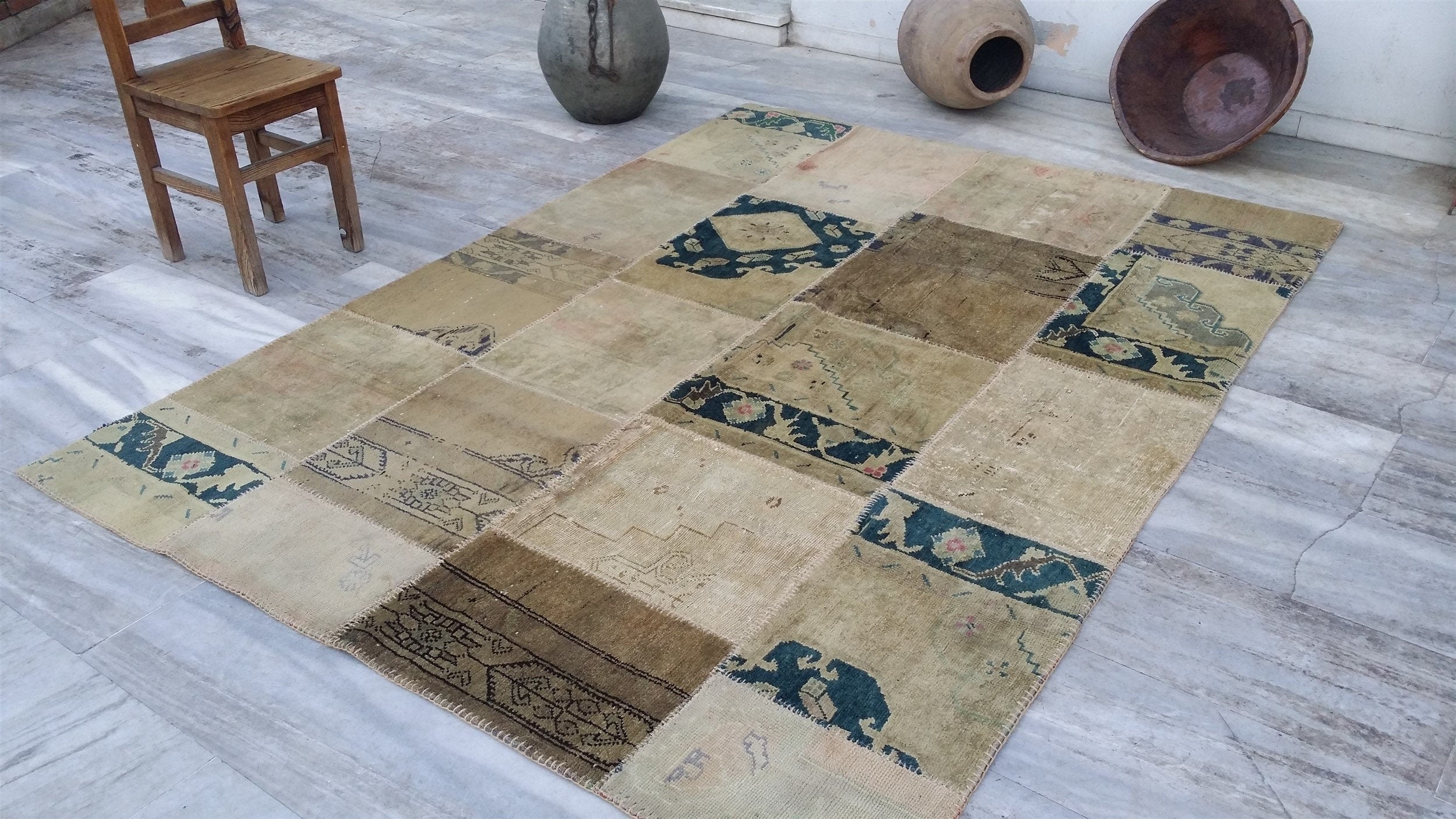 Patchwork Turkish Rug, 7 ft 11 in x 5 ft 9 in Beige and Blue Rustic Decor Living Room Rug