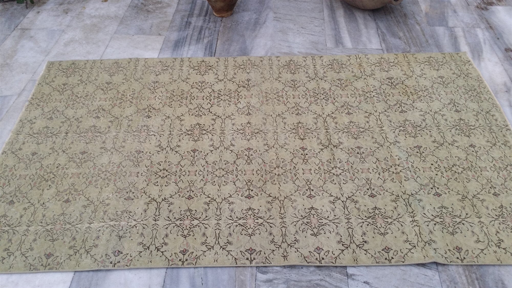 Pale Turkish Rug, Distressed Oushak Rug 7'1"x4'2"