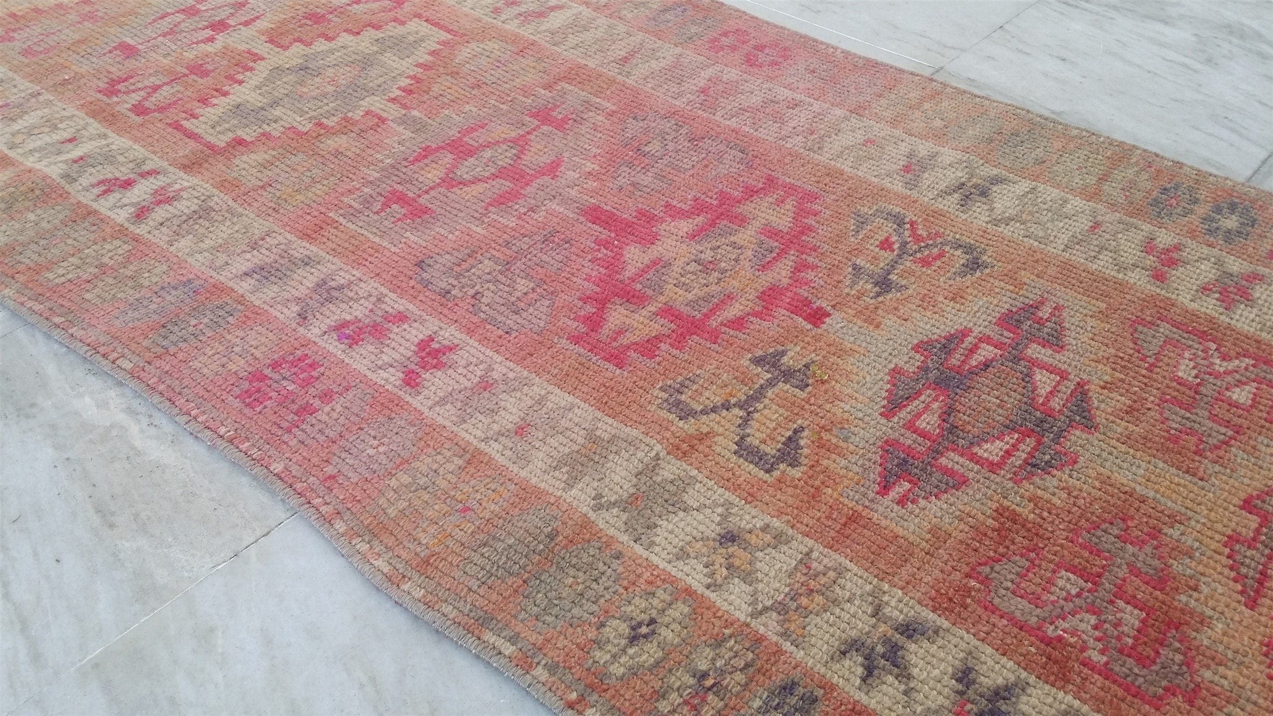 Pale Turkish Oushak Hallway Runner Rug, Bohemian Rustic Decor Distressed Muted Color Rug, Handmade Natural Wool Persian Area Rug 13’8”*2’5”