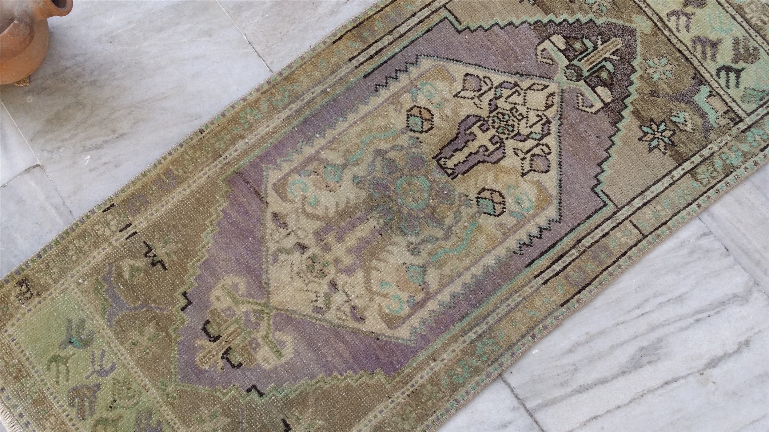 Vintage Turkish Small Rug, 3 ft 4 in x 1 ft 5 in, Pink, Green/Grey and Beige Faded Distressed Antique Style Mat