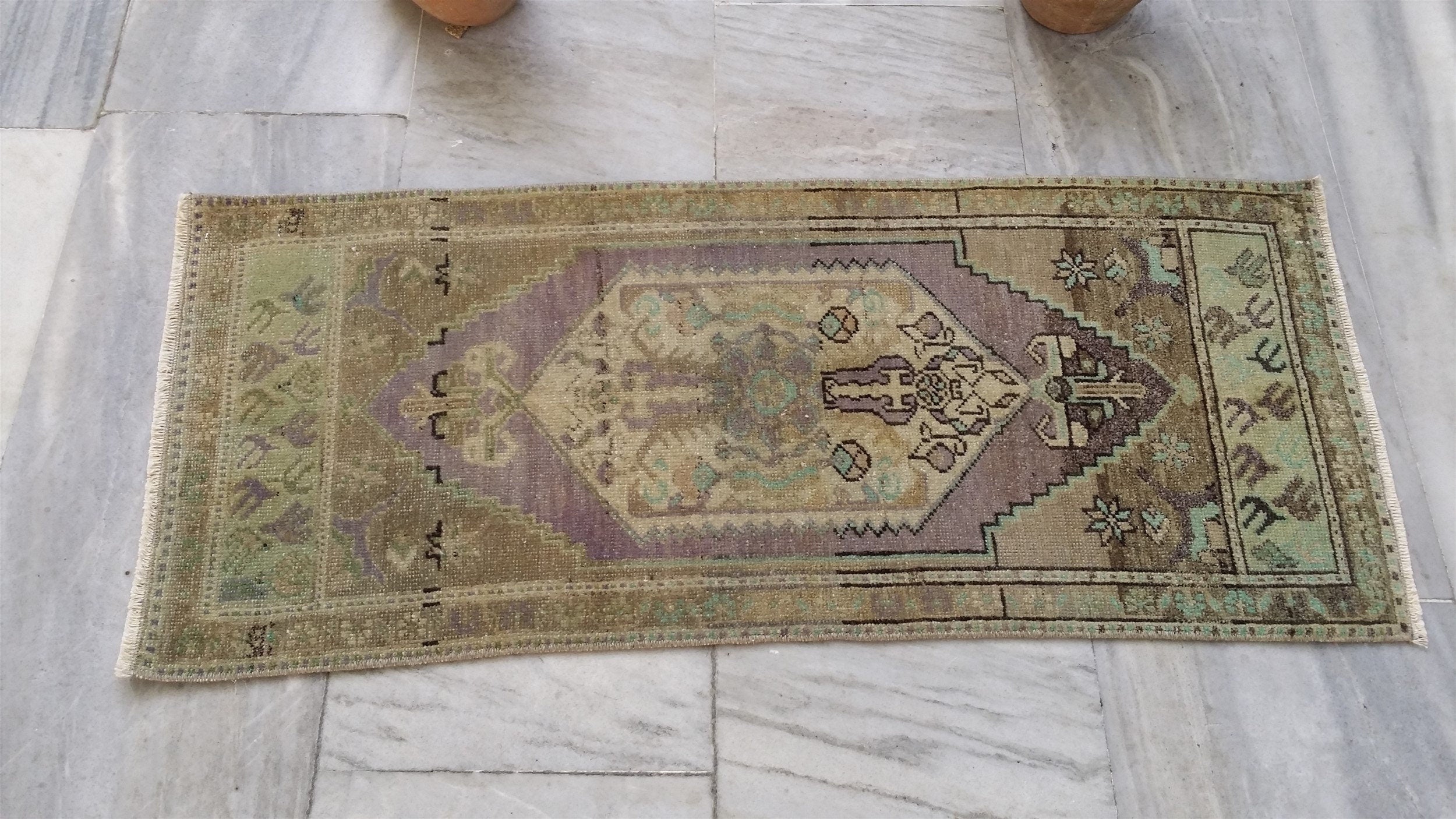 Vintage Turkish Small Rug, 3 ft 4 in x 1 ft 5 in, Pink, Green/Grey and Beige Faded Distressed Antique Style Mat