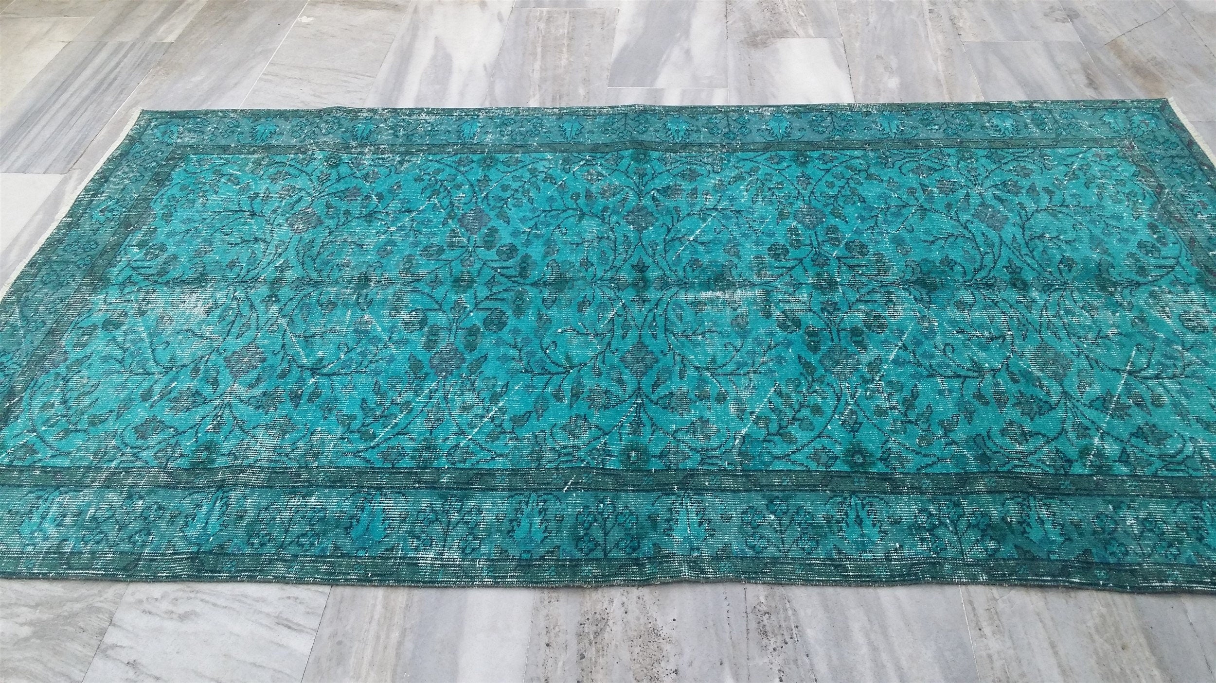 Overdyed Vintage Rug, Turquoise Blue Recycled Rug, Handmade Wool Bohemian Oriental Design Distressed Rug, Persian Area Rug 8'0"x4'6"