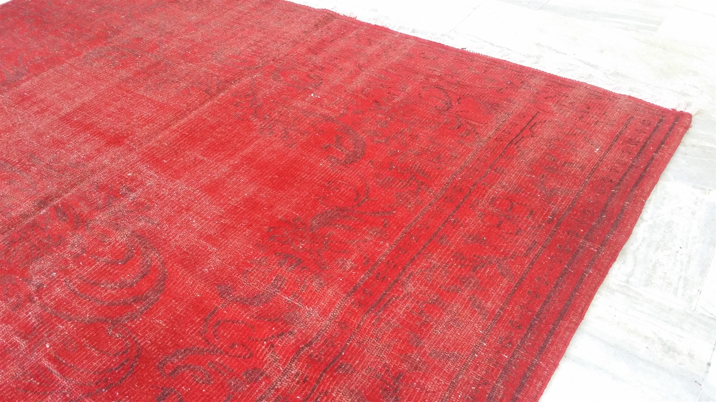 Overdyed Red Turkish Rug, Recycled Vintage Rug, 9'3"x6'2"