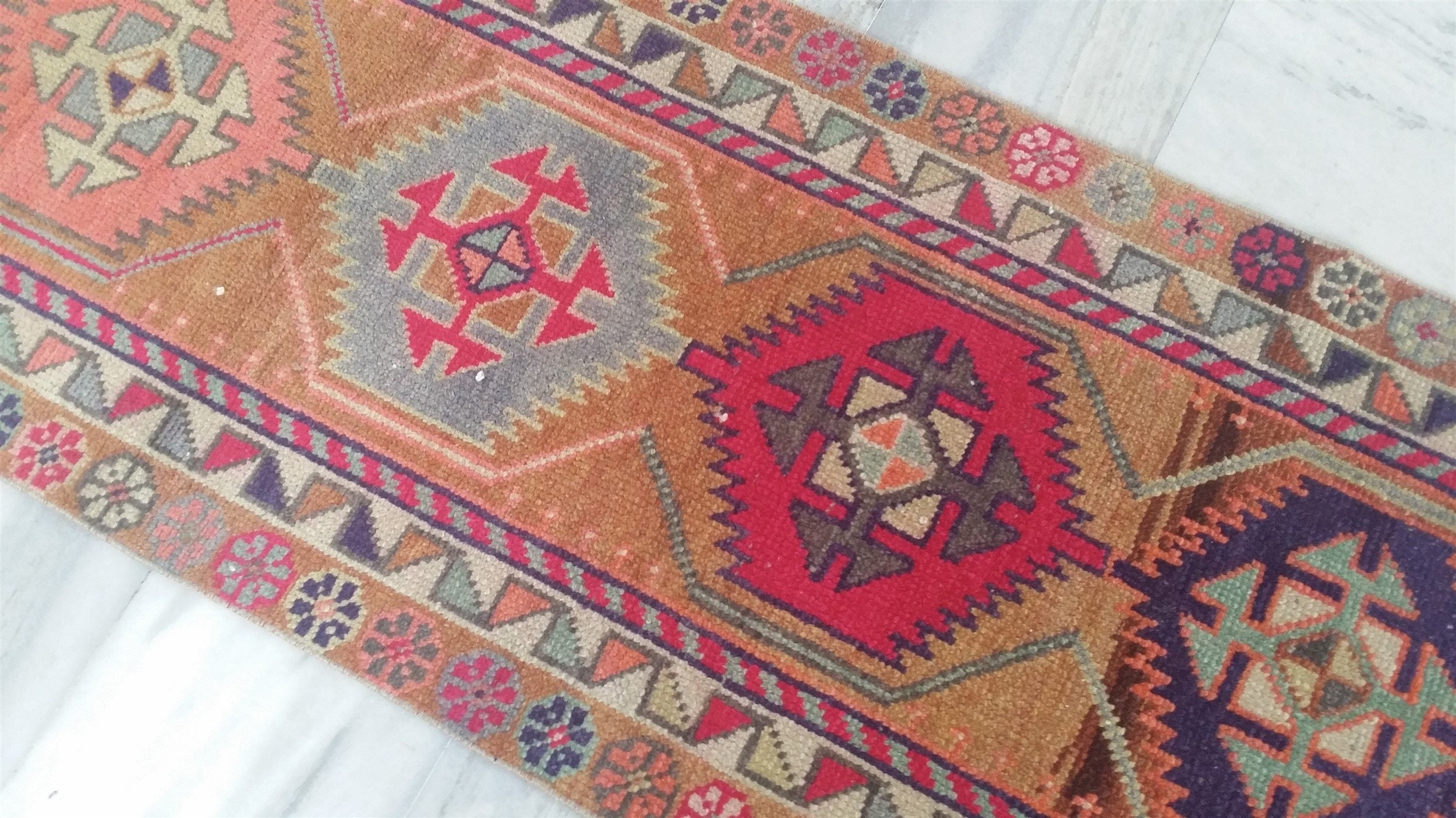 Pale Turkish Oushak Hallway Runner Rug, Bohemian Rustic Decor Distressed Muted Color Rug, Handmade Natural Wool Persian Area Rug 11’2”*2’4”