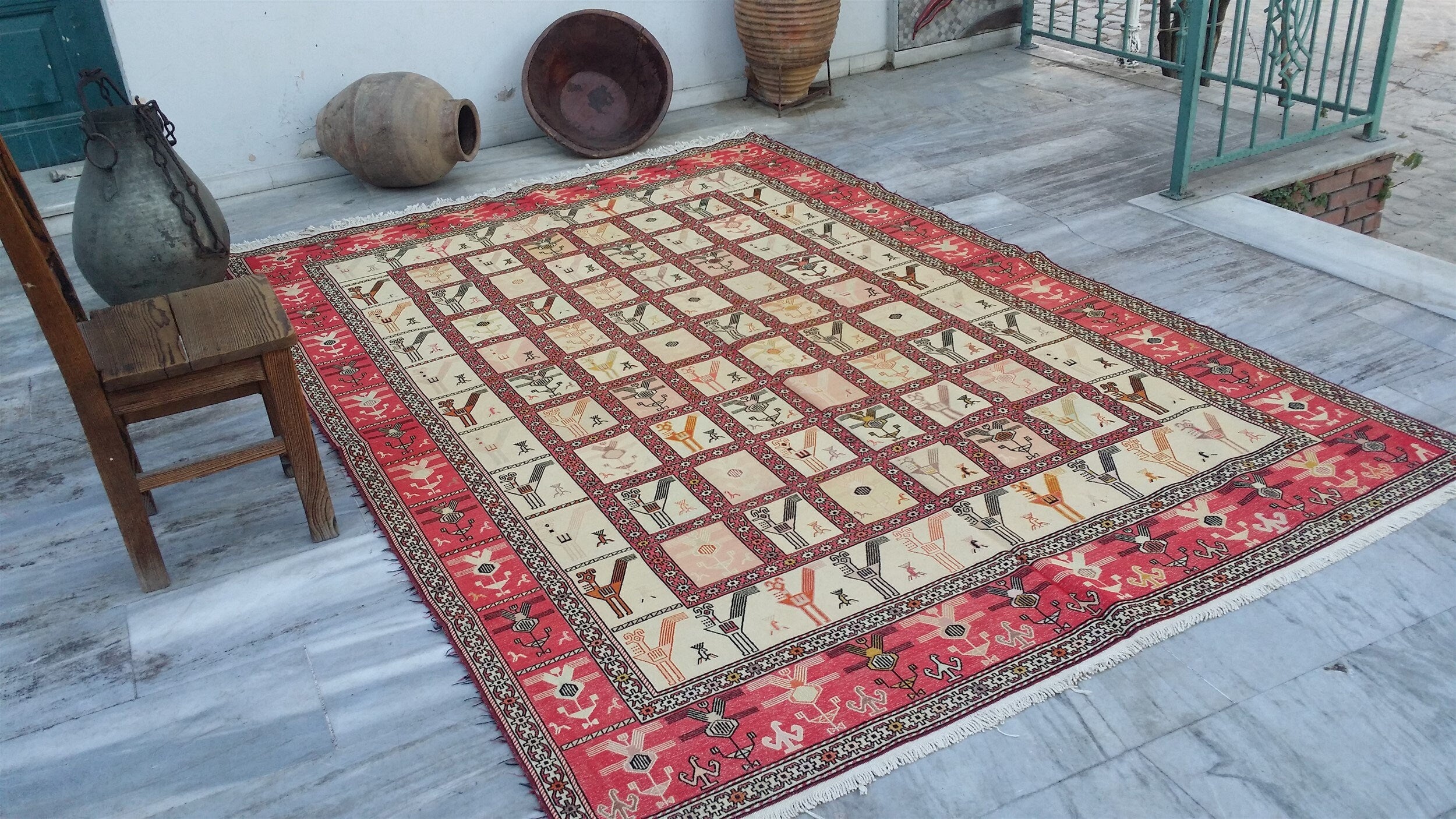 Turkish Kilim Rug, 9 x 6 ft Red and Cream Natural Wool Cotton and Silk Shasaver Soumak Rug