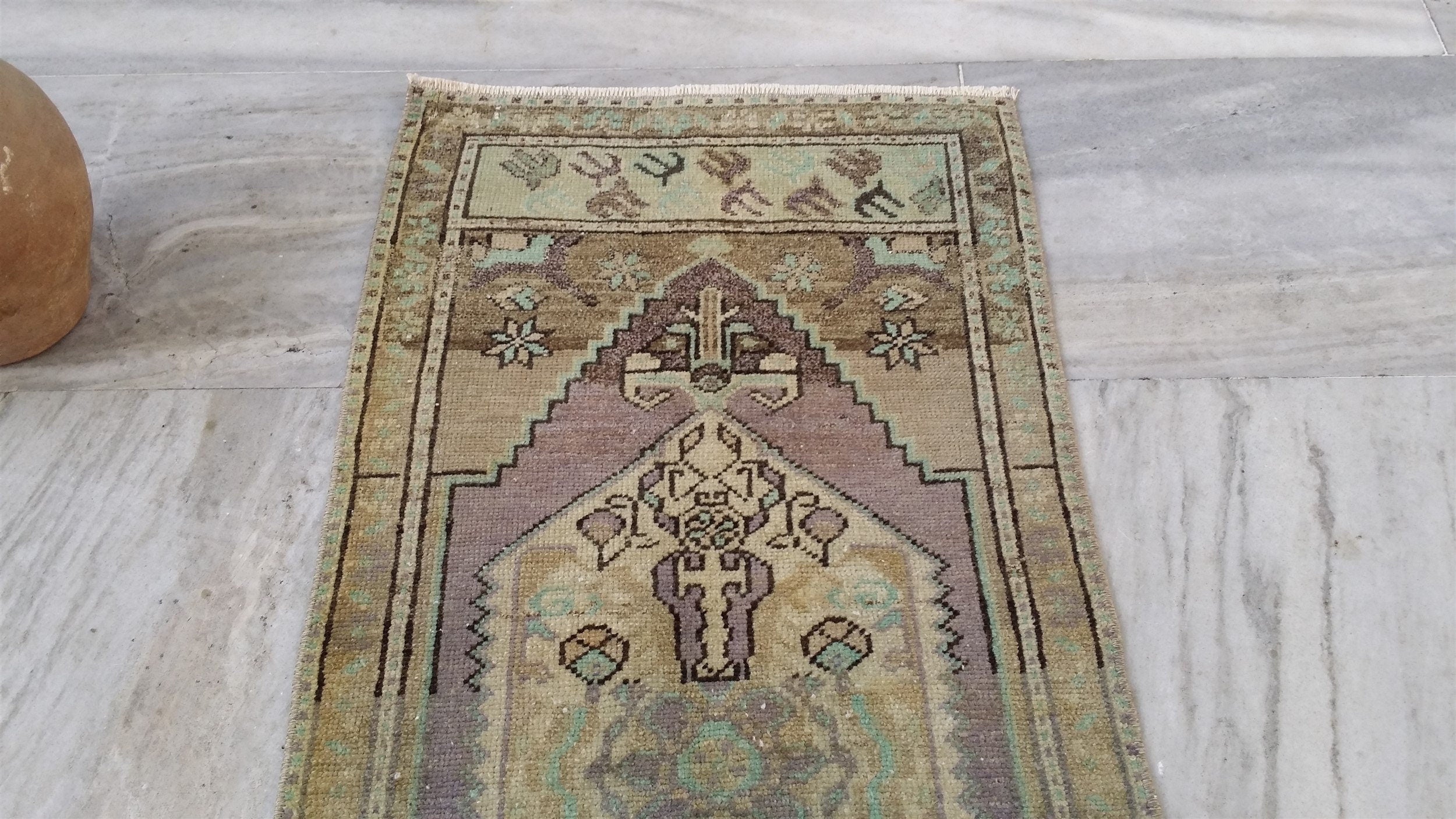 Vintage Turkish Small Rug, 3 ft 4 in x 1 ft 5 in, Pink, Green/Grey and Beige Faded Distressed Antique Style Mat