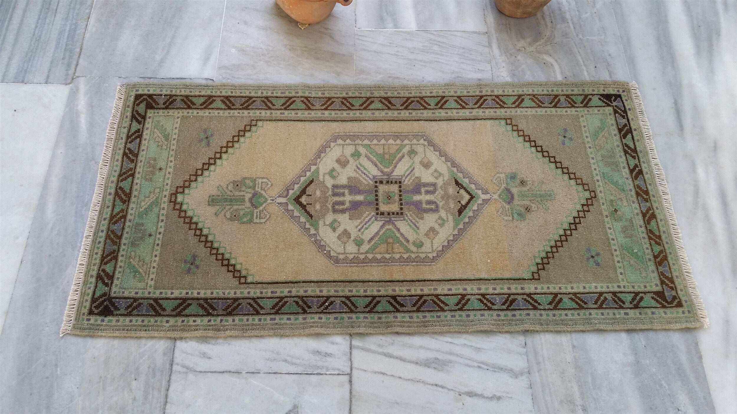 Vintage Turkish Small Rug, 3 ft 5 in x 1 ft 9 in, Pink, Green/Grey and Beige Faded Distressed Antique Style Mat