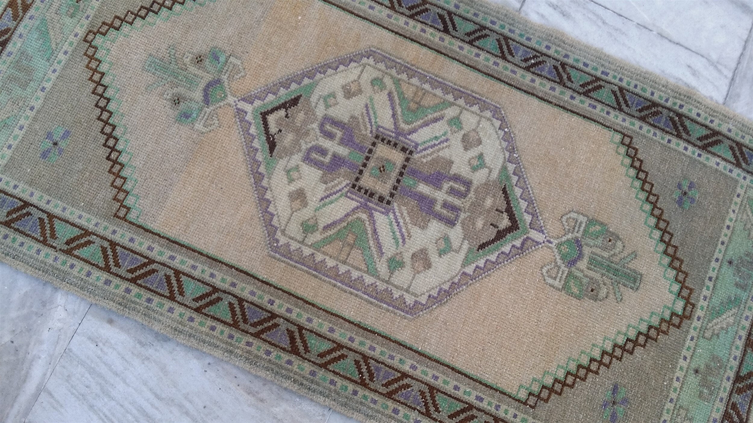 Vintage Turkish Small Rug, 3 ft 5 in x 1 ft 9 in, Pink, Green/Grey and Beige Faded Distressed Antique Style Mat