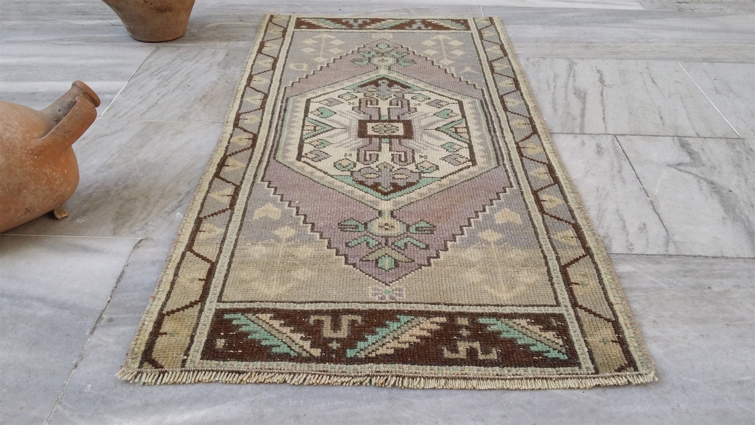 Vintage Turkish Small Rug, 3 ft 2 in x 1 ft 7 in, Pink, Green/Grey and Beige Faded Distressed Antique Style Mat