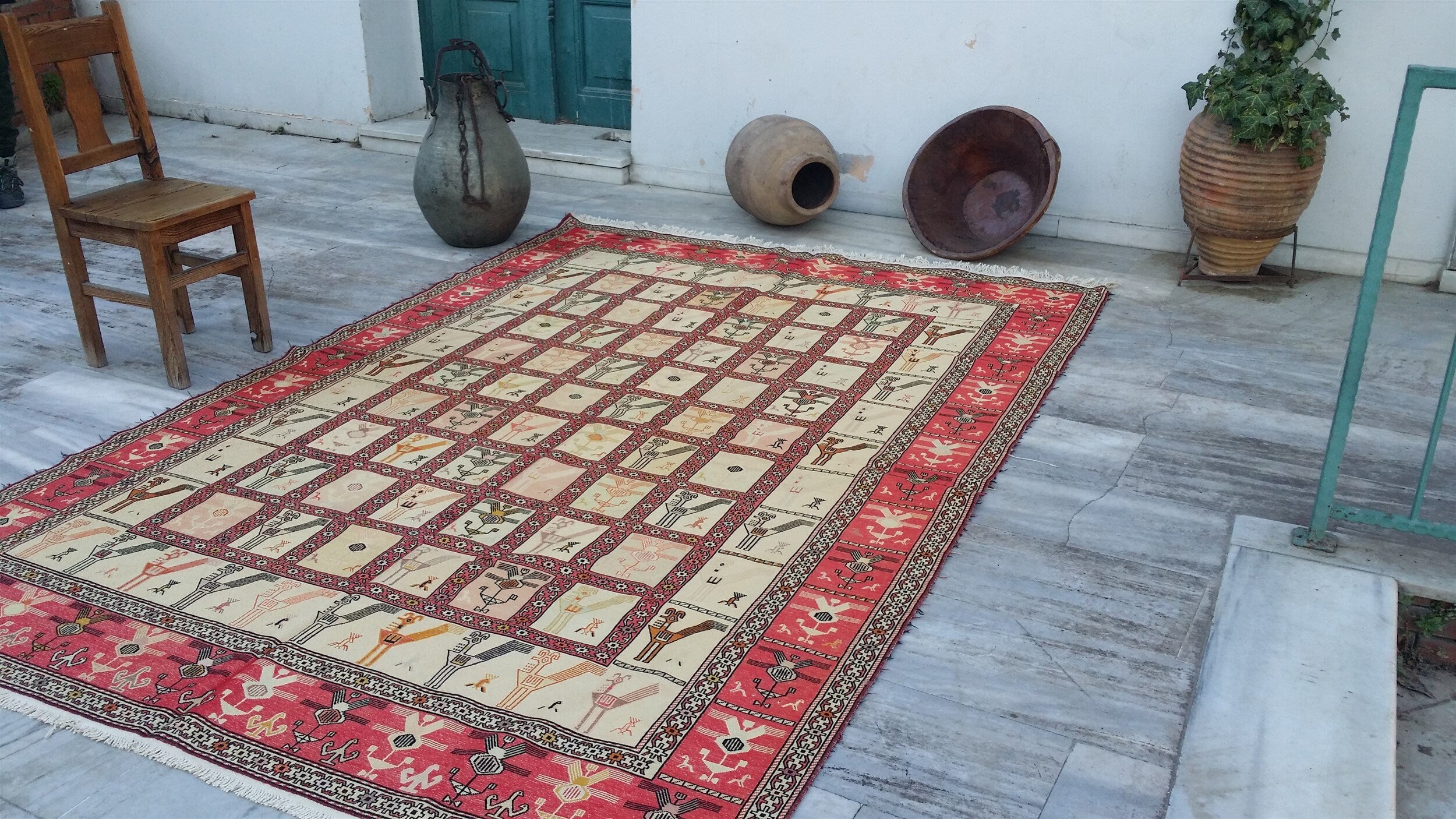 Turkish Kilim Rug, 9 x 6 ft Red and Cream Natural Wool Cotton and Silk Shasaver Soumak Rug