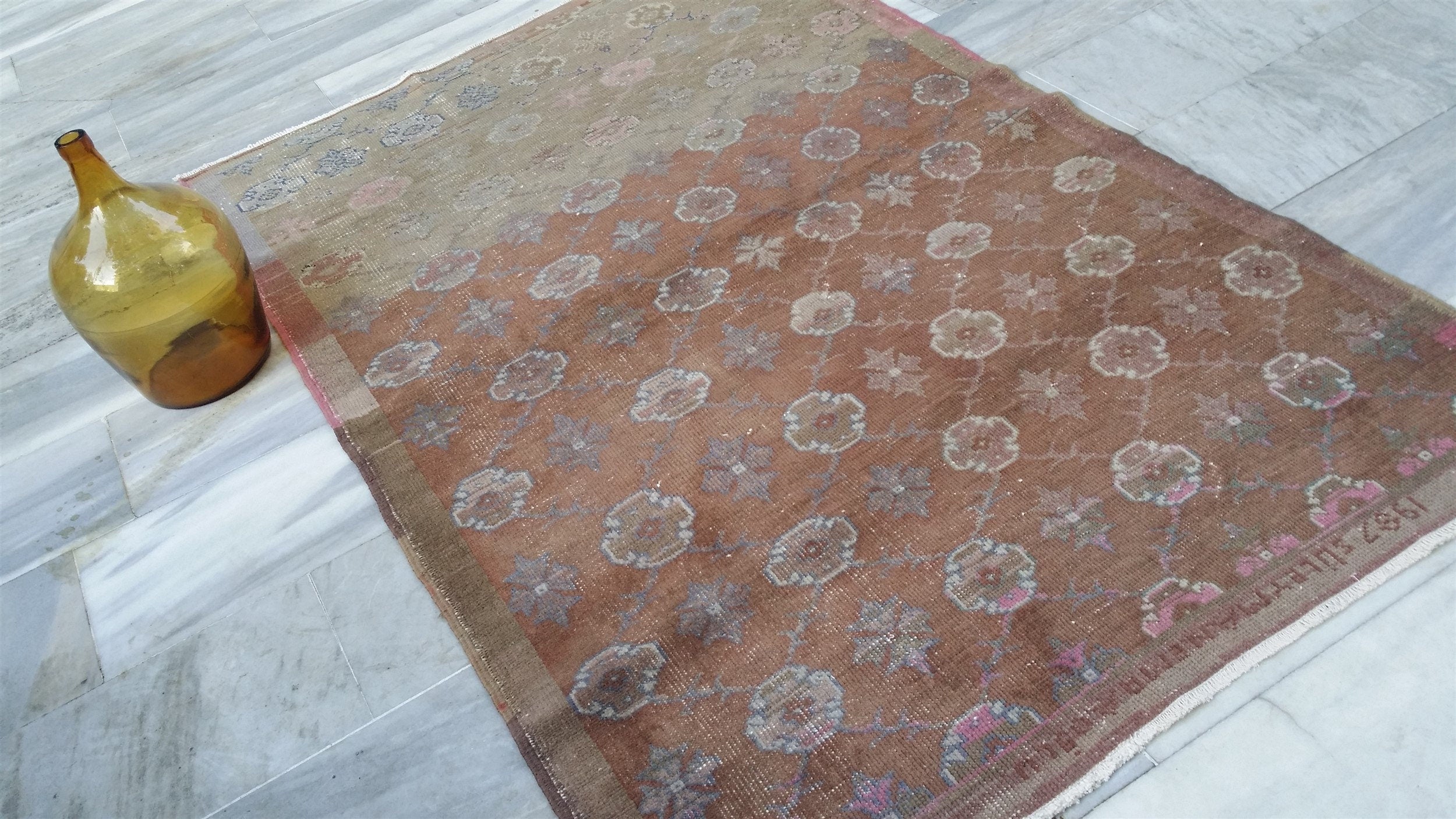 Brown and Cream Vintage Turkish Rug 7 x 4 ft