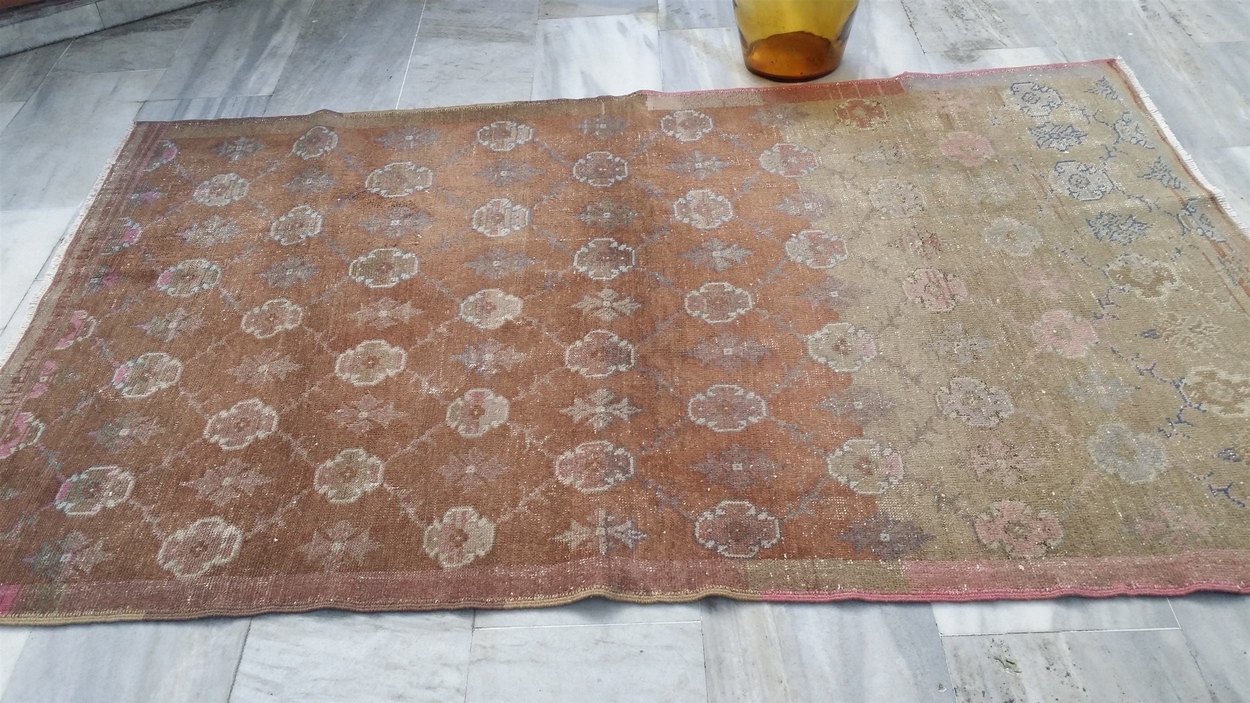 Brown and Cream Vintage Turkish Rug 7 x 4 ft