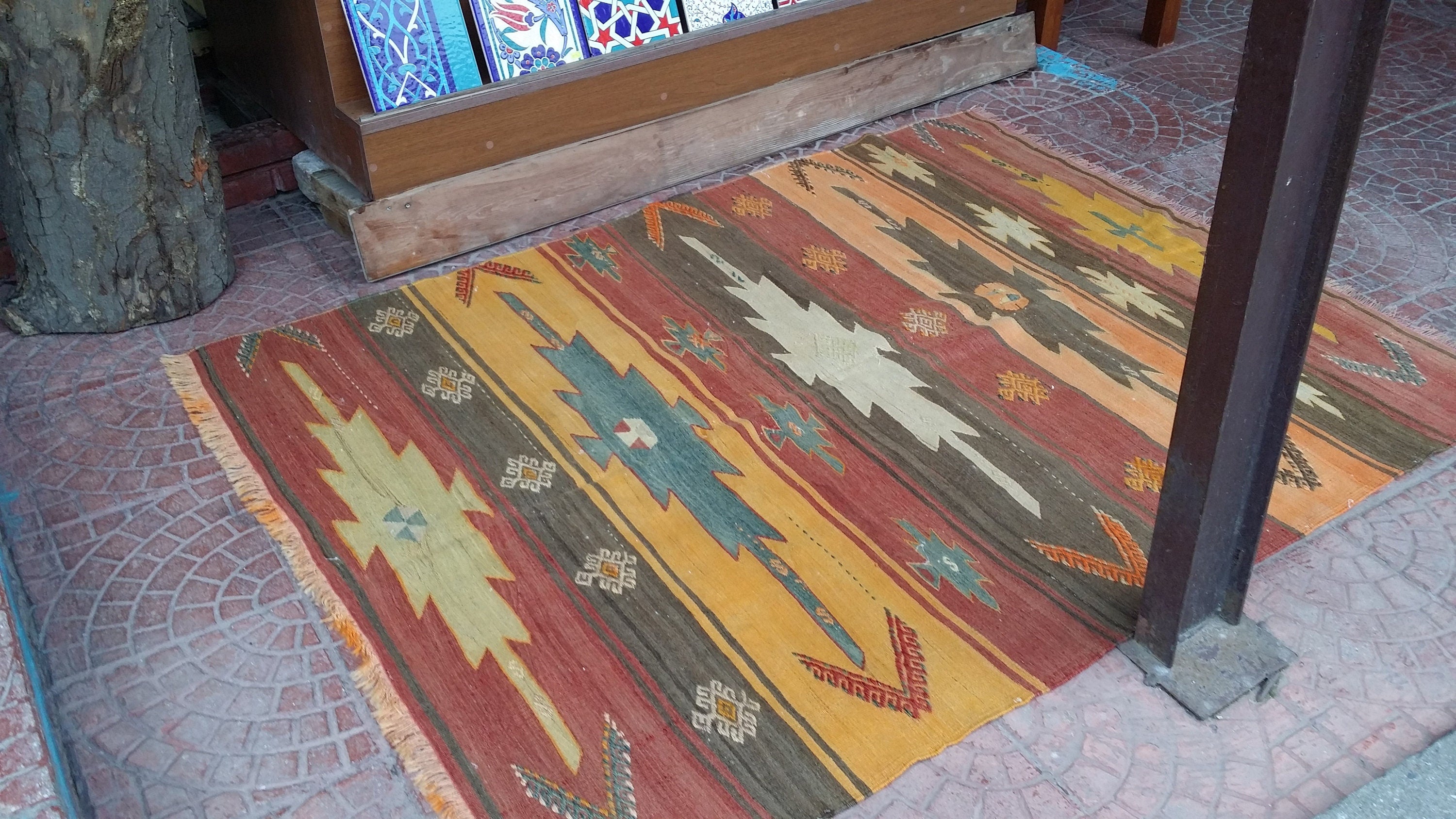 Turkish Kilim Rug 9 x 5 ft Orange Brown Vintage Southwestern Decor Handmade Wool Kilim, Antique Boho Rustic Aztec Design Persian Floor Rug