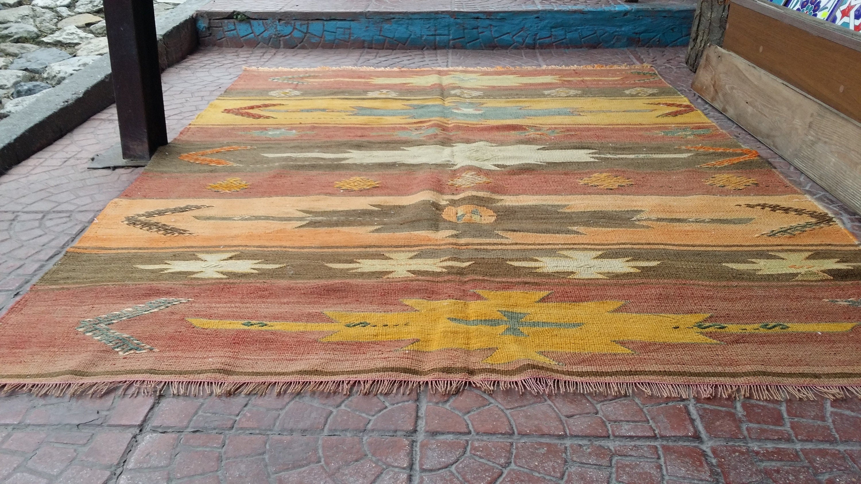 Turkish Kilim Rug 9 x 5 ft Orange Brown Vintage Southwestern Decor Handmade Wool Kilim, Antique Boho Rustic Aztec Design Persian Floor Rug