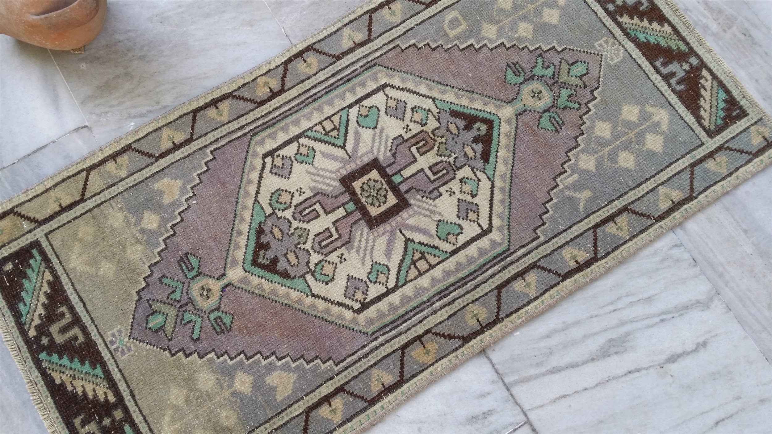 Vintage Turkish Small Rug, 3 ft 2 in x 1 ft 7 in, Pink, Green/Grey and Beige Faded Distressed Antique Style Mat
