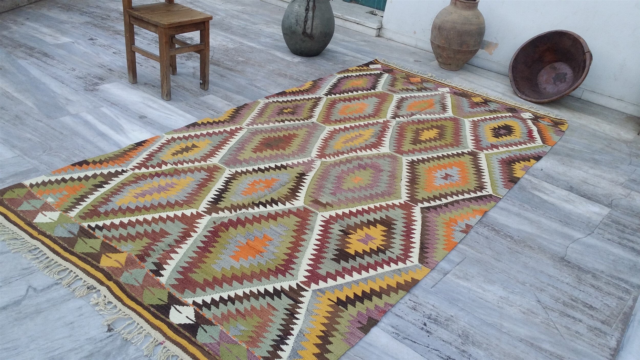 Antalya Turkish Kilim Rug, 9 ft 6 in x 4 ft 11 in Vibrant Zig Zag Tribal Design Handmade Wool Rug