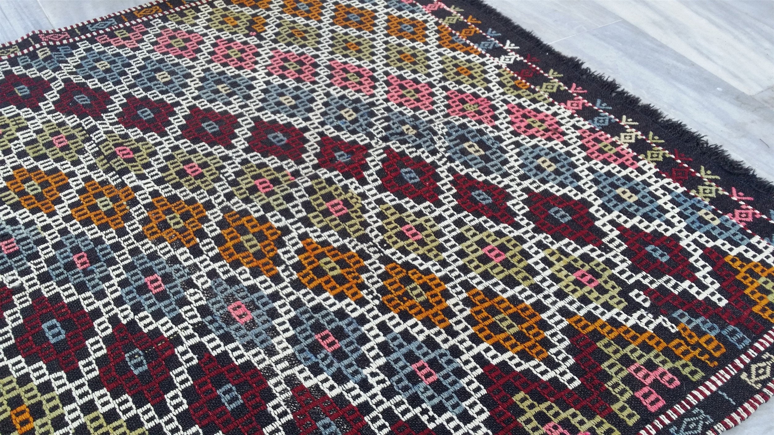 Brown Turkish Kilim Rug, 4 x 6 ft Red Blue & White Turkish Cicim Embroidery on Turkish Kilim, Boho Rustic Natural Wool Handmade Persian Rug